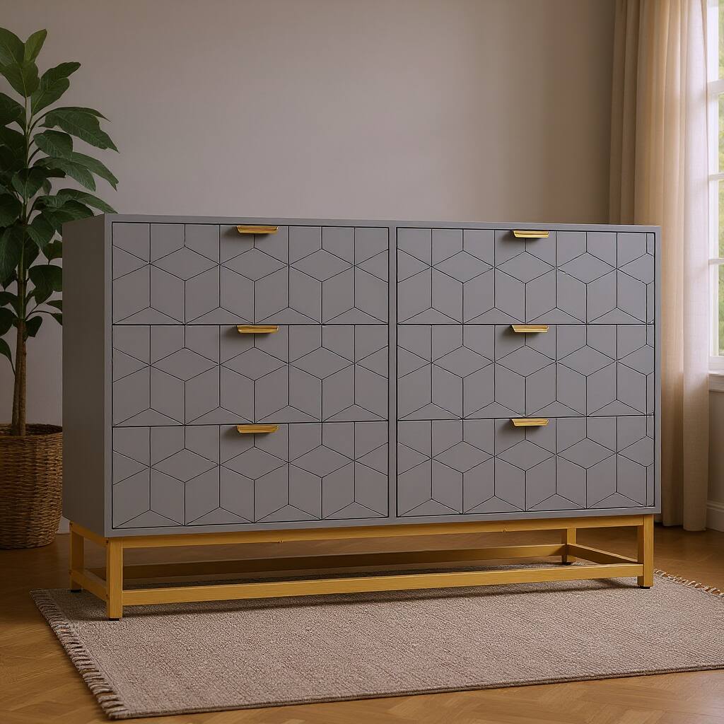Front. Acekool - 6 Drawer Dresser, with Gold Handles, for TV Stand & Closet - Grey.