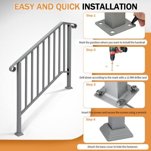 EASY AND QUICK INSTALLATION

Step 1: Mark the position where you want to install the handrail

Step 2: Drill down according to the mark with a 12 MM driller

Step 3: Insert the screws and secure the screws using a wrench

Step 4: Attach the base cover to hide the fasteners