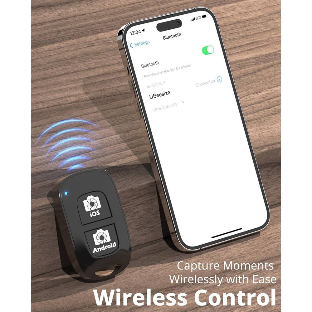 5G  
12:04  
Settings  
Bluetooth  
Now discoverable as R's iPhone  
Connected  
UBeesize  
MY DEVICES  
OTHER DEVICES  

Capture Moments Wirelessly with Ease  
Wireless Control  

iOS  
Android