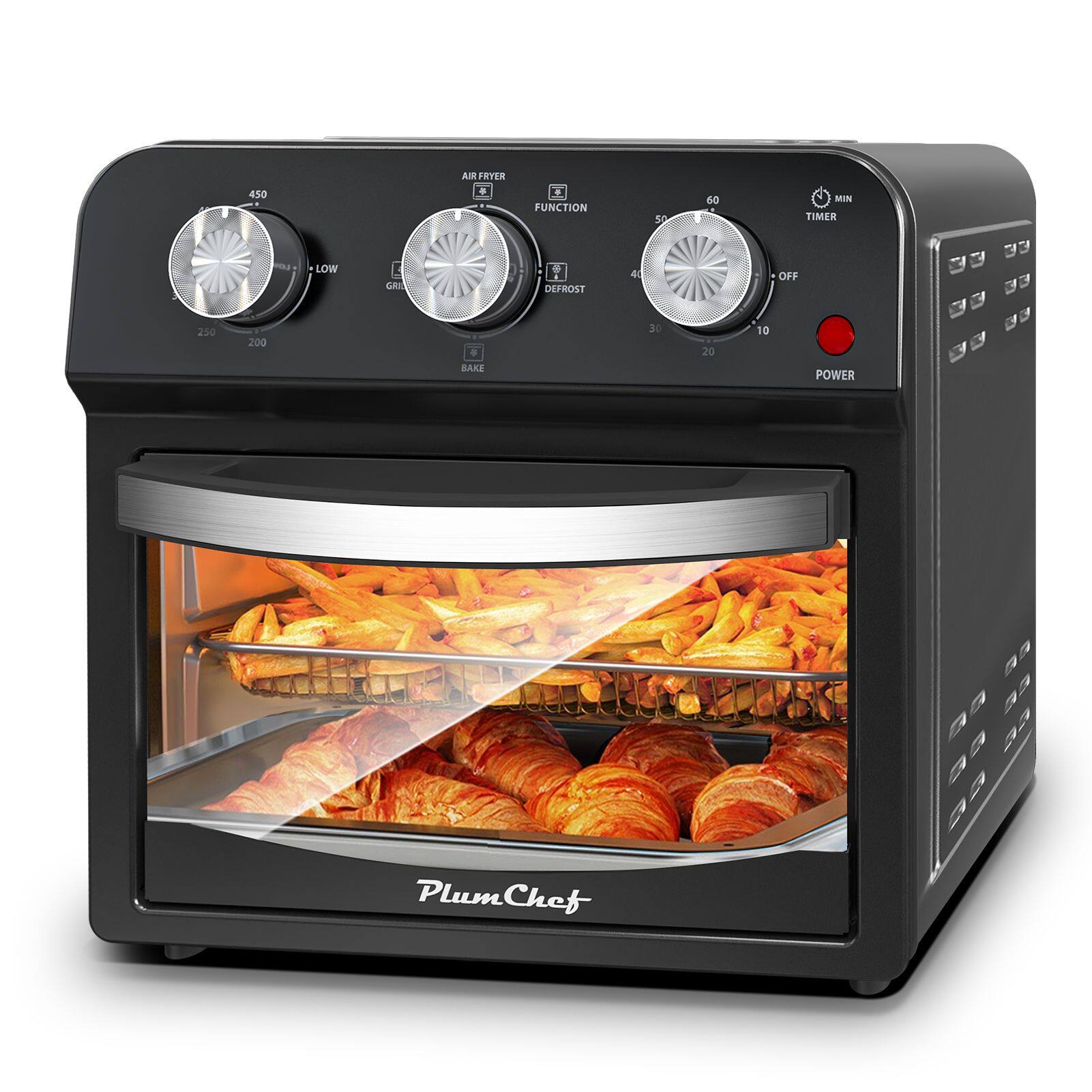 450 AIR FRYER + U FUNCTION 50 60 MIN TIMER ma LOW E CRI Y DEPROST 4 OFF 250 200 . au JO 10 LAN POWER PlumChef