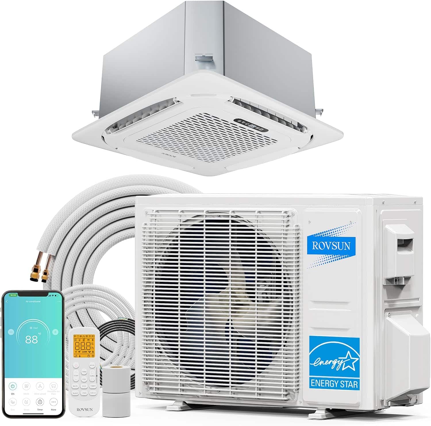 Winado - 12000 BTU 24 SEER2 Ceiling Cassette AC Ductless Mini Split Air Conditioner w/Heat Pump, Energy Star Remote& APP Control - White