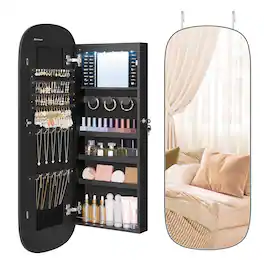 Songmics Home - Jewelry Organizer, LED Jewelry Cabinet Wall/Door Mounted, Lockable Rounded Wide Mirror with Storage, Interior Mirror - Black