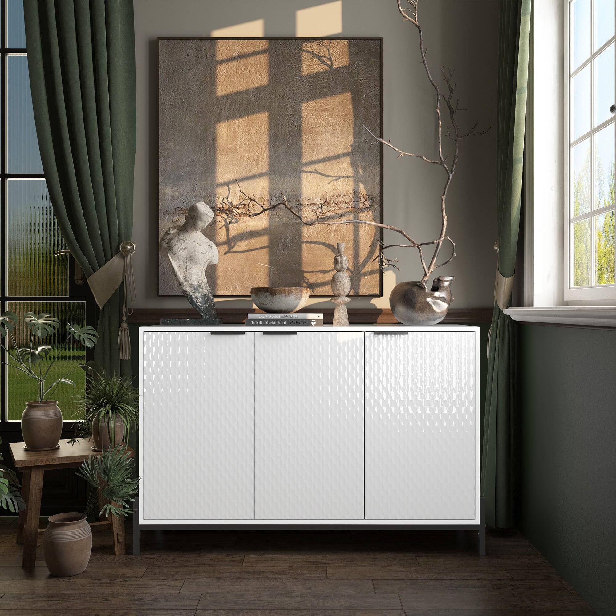 Alt View 3. Boyel Living - White 31.5 in. H Modern Three Door Storage Cabinet with High-gloss Finish and Featuring Iron Handles - White.