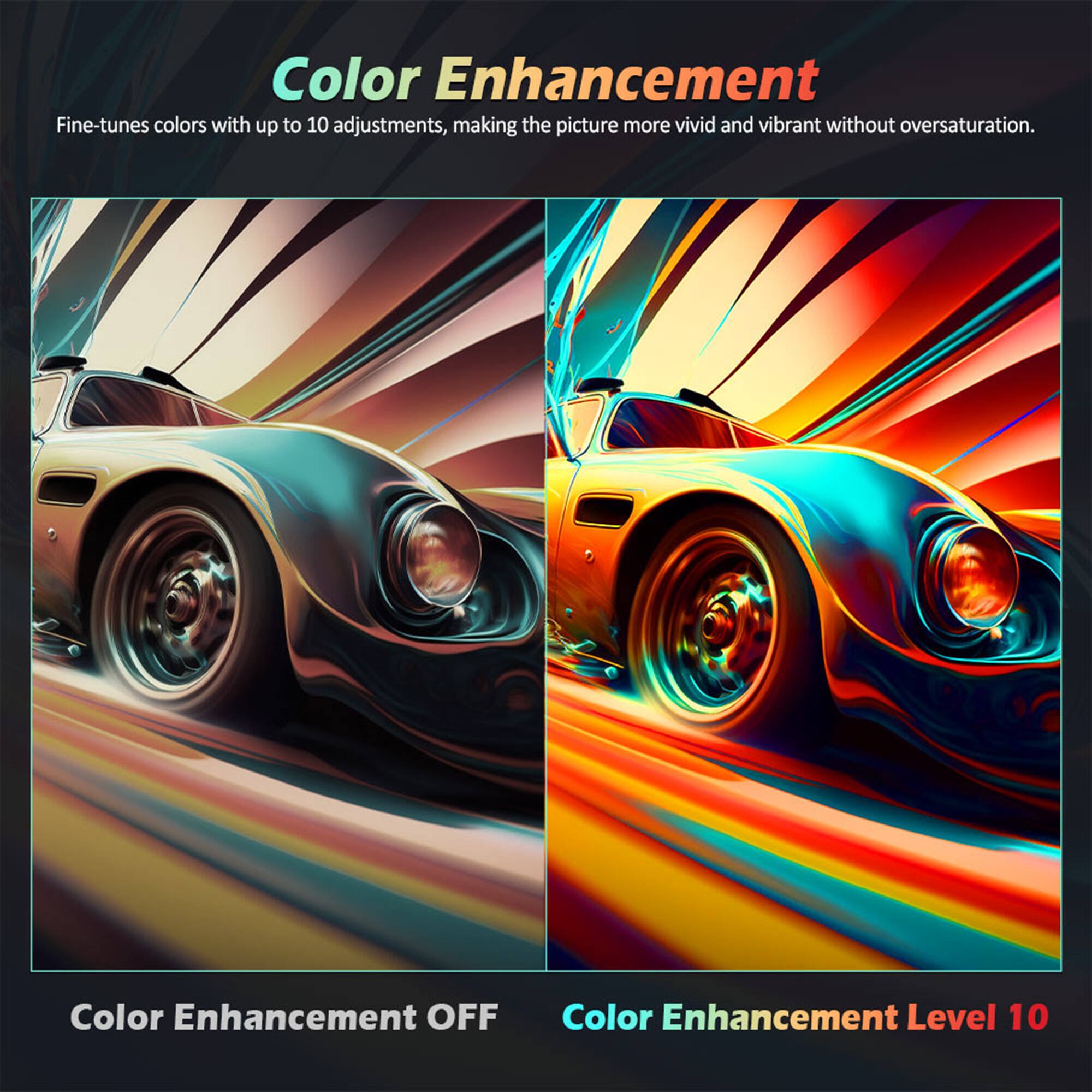 Color Enhancement: Fine-tunes colors with up to 10 adjustments, making the picture more vivid and vibrant without oversaturation.
Color Enhancement OFF: Turns off color enhancement.
Color Enhancement Level 10: Adjusts colors to the highest level, resulting in a highly vivid and vibrant picture.