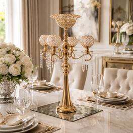 FC Design - 36"H Gold Five-Arm Scroll Frame w/ Filigree Cups Candle Holder - Multicolor