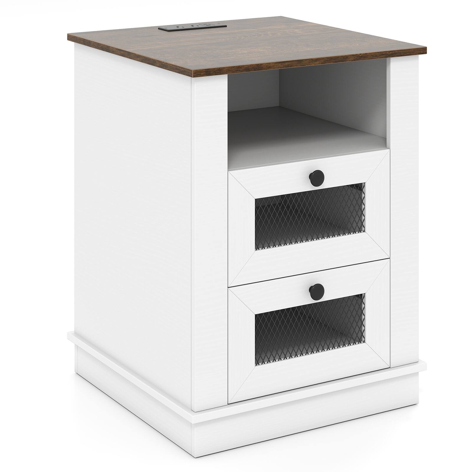 Alt View 9. Costway - Costway 1 PCS Nightstand with Charging Station, Night Stand with Storage Compartment, 2 Drawers - Rustic Brown, White.