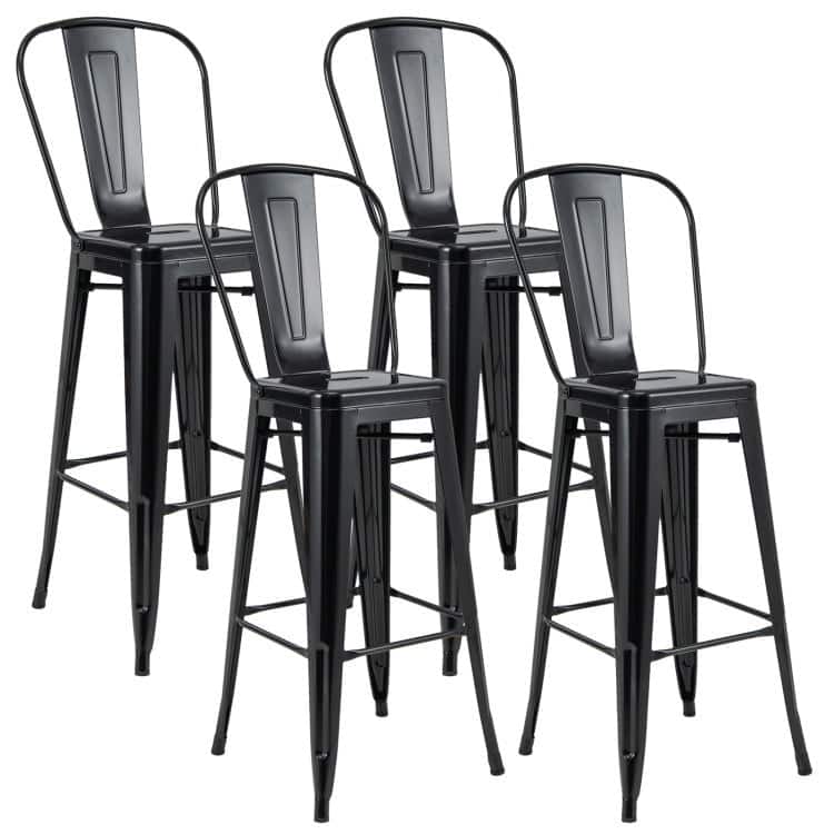 Pefilos - 30 Inch Height Set of 4 High Back Metal Industrial Bar Stools- Bar Height Stools, Counter Height Bar Stools - Black