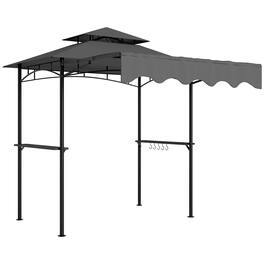 Outsunny - 8' x 5' Grill Gazebo, Double Tiered Outdoor BBQ Gazebo with Side Awning, 2 Side Shelves and 6 Hooks - Dark Gray
