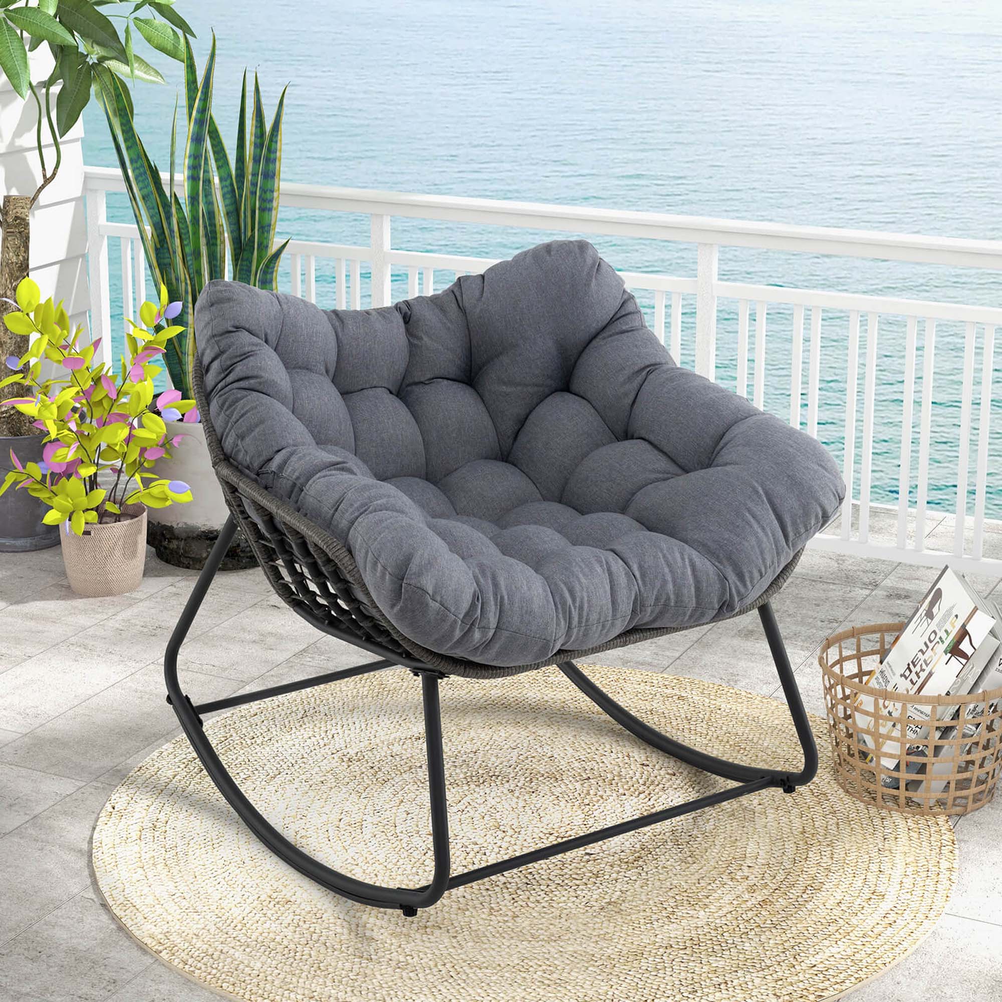Angle. Costway - 2 PCS Outdoor Rocking Chair Oversized Patio PE Wicker Egg Chair Rattan Lounge Chair - Gray + Mix Gray.
