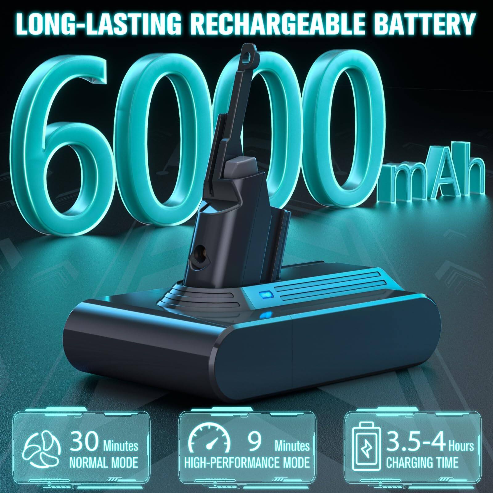 LONG-LASTING RECHARGEABLE BATTERY  
6000 mAh  

30 Minutes NORMAL MODE  
9 Minutes HIGH-PERFORMANCE MODE  
3.5-4 Hours CHARGING TIME