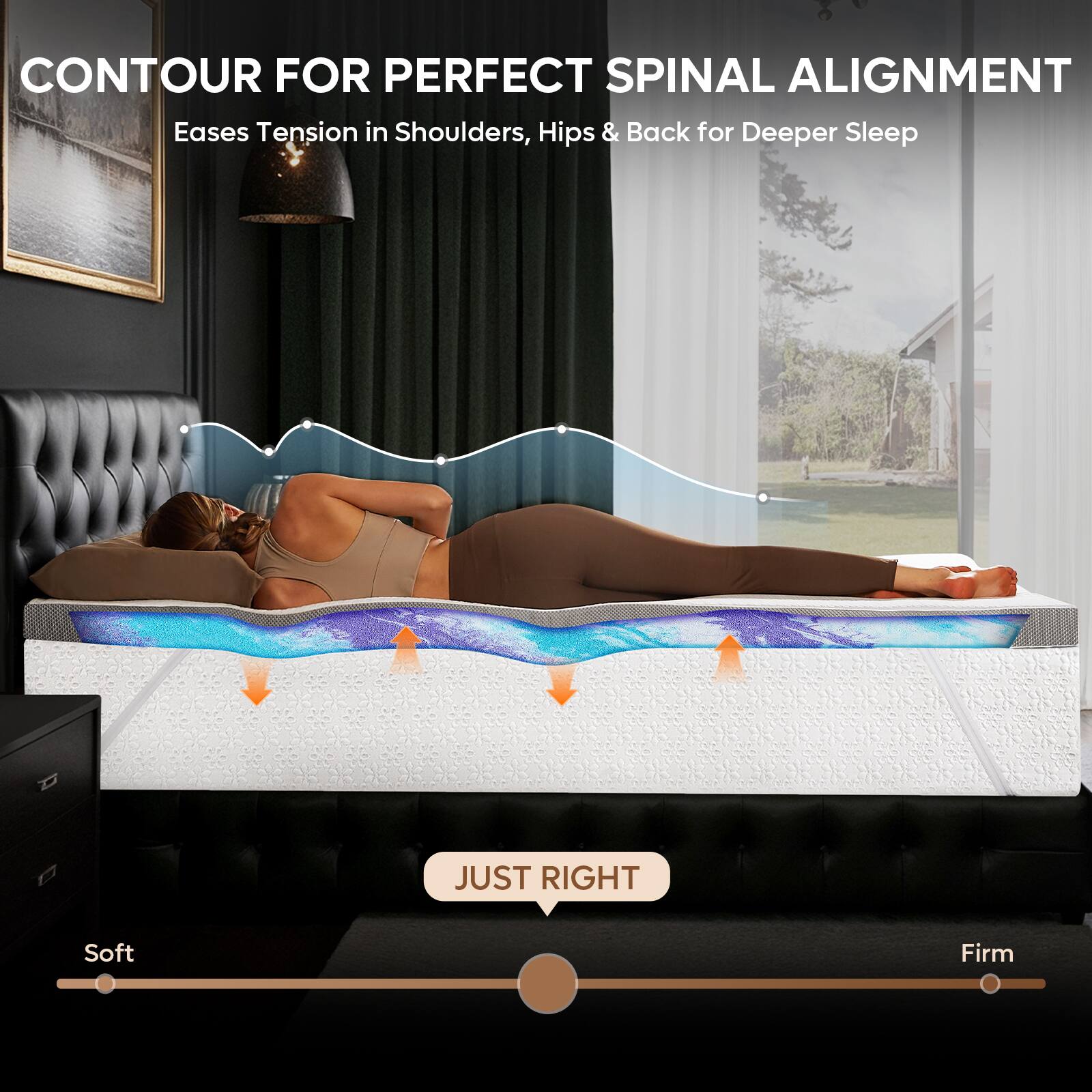 CONTROU FOR PERFECT SPINAL ALIGNMENT  
Eases Tension in Shoulders, Hips & Back for Deeper Sleep  

JUST RIGHT  

Soft  
Firm