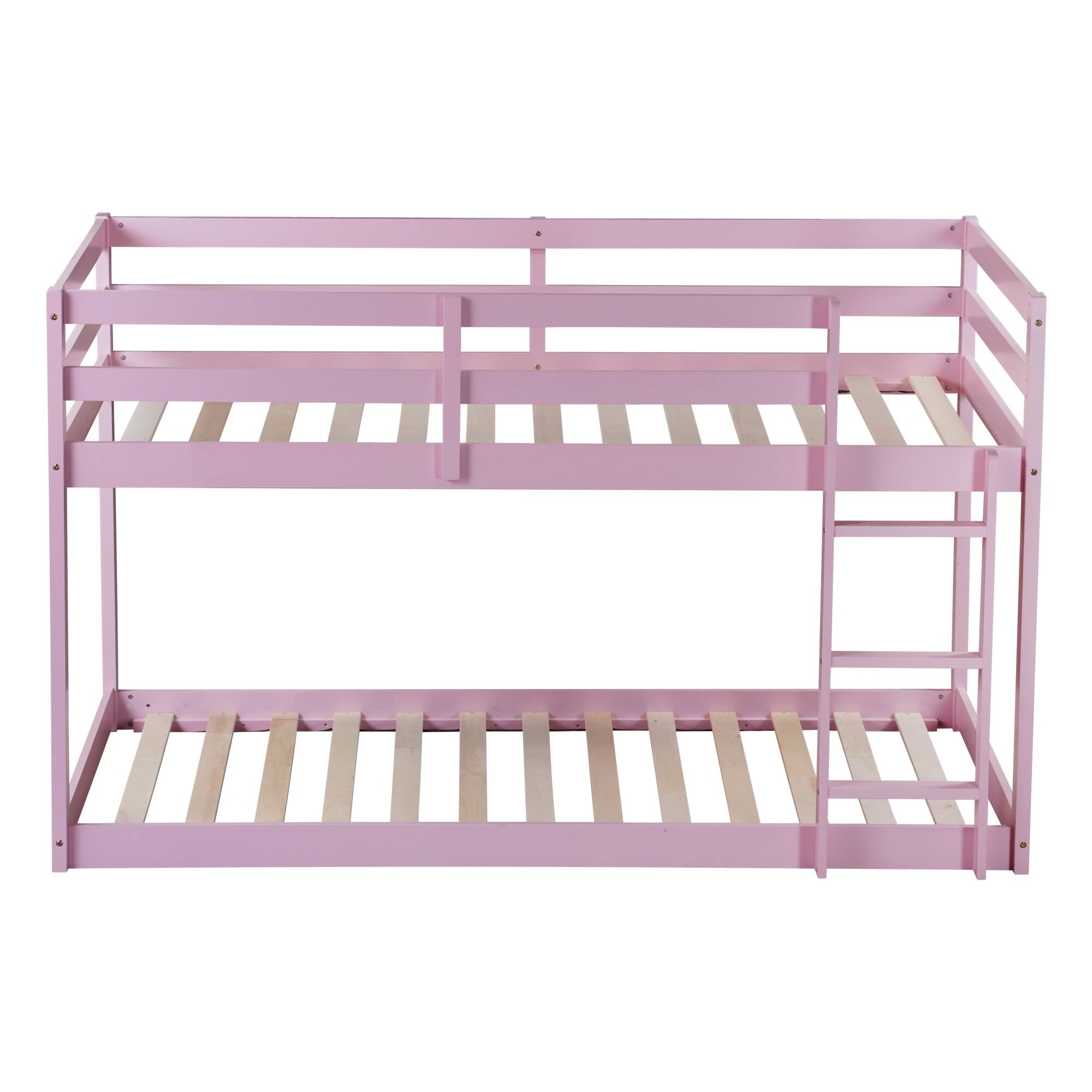 Left. GOODSILO - Solid Wood Twin Over Twin Floor Bunk Bed with Ladder and Strengthened Slats for Enhanced Stability - Pink.