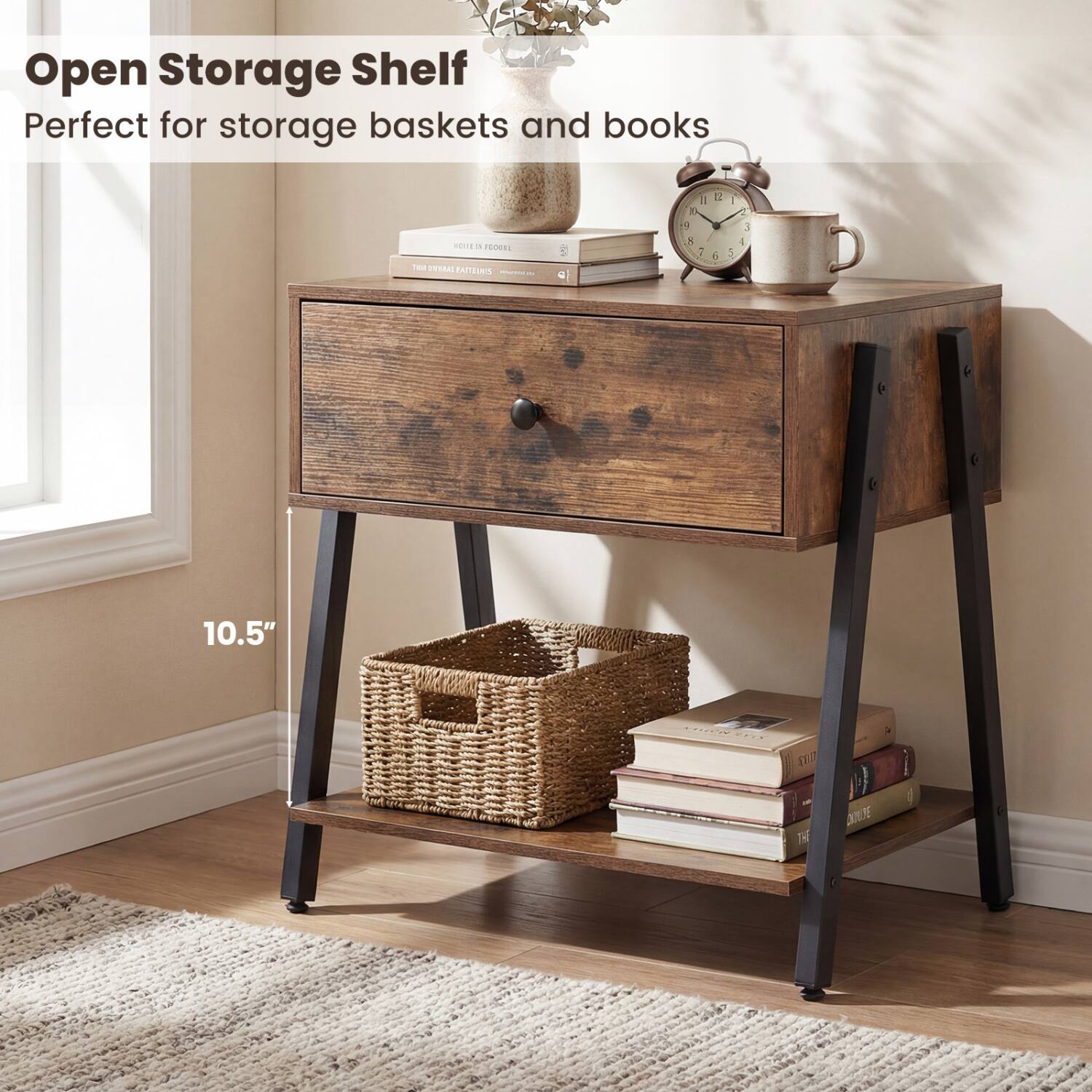 Open Storage Shelf  
Perfect for storage baskets and books  

HOTE 3 FOODEL THIR FACTEURIS  
|| X 9 $ 7  
12 6  
1 5  
: 3 I  
10.5"  
enter PRE  
LUKE  
CHOUTE