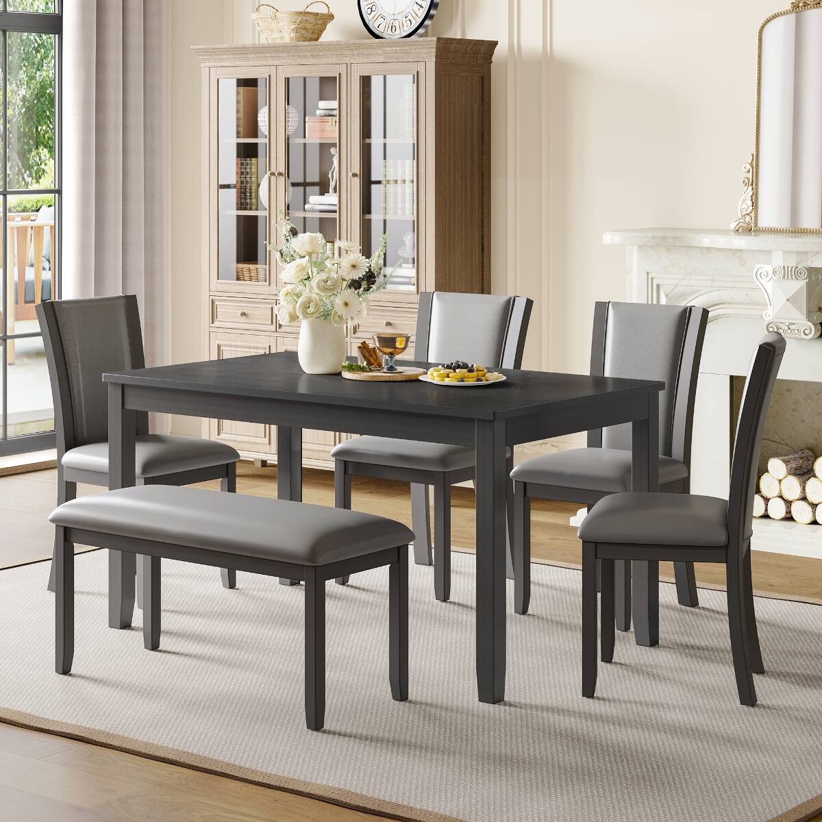 Angle. Loheer - Loheer 6 Piece Dining Table Set with Bench and Chairs, Gray Wood, Seats 6 - Gray.