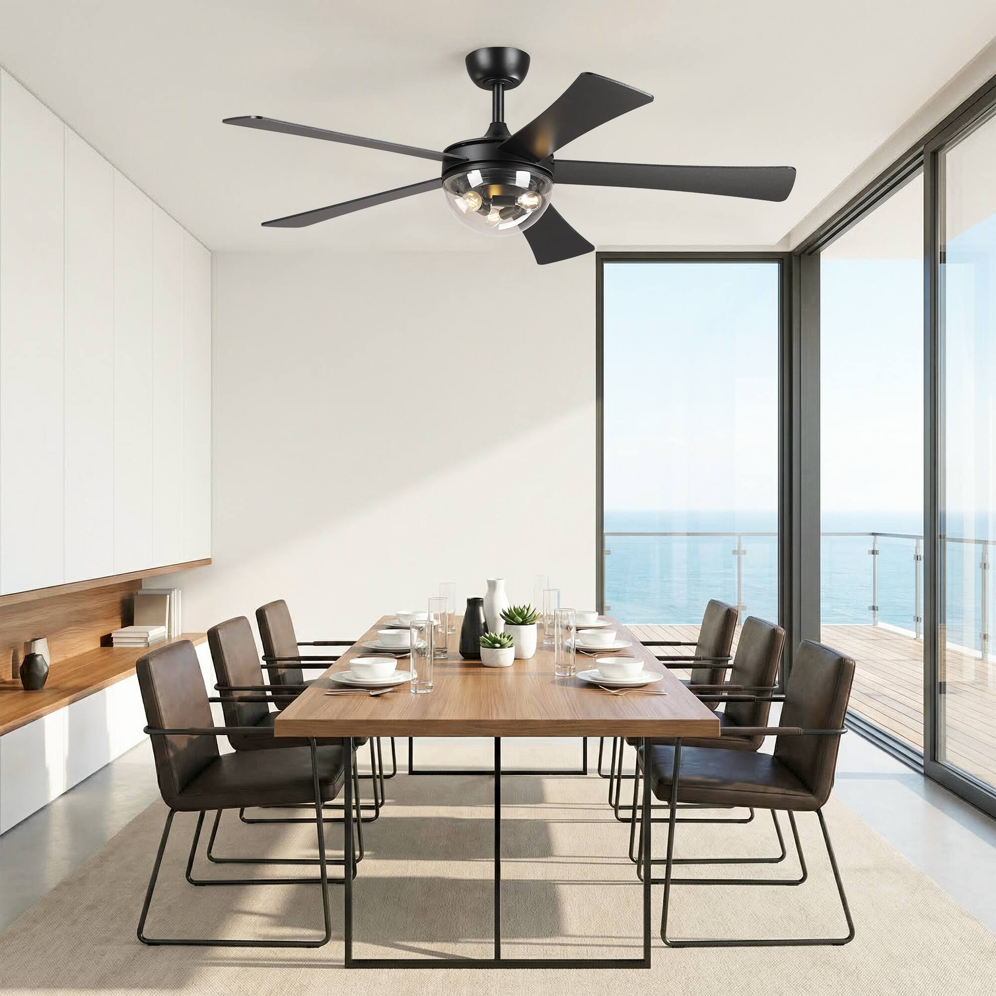 Left. Parrot Uncle - 52" Farmhouse Industrial Glass Lampshade Ceiling Fan with Remote - Black.
