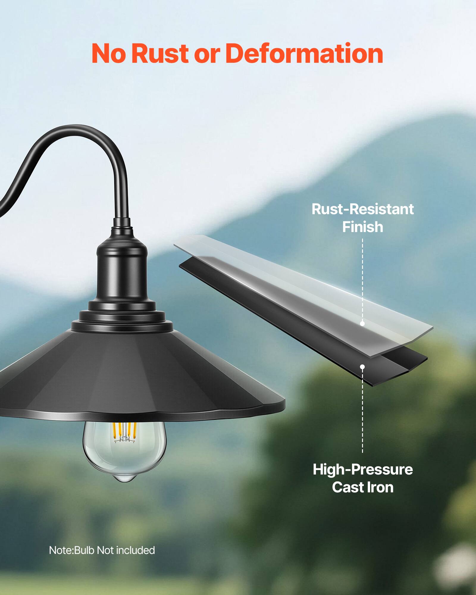 No Rust or Deformation

Rust-Resistant Finish

High-Pressure Cast Iron

Note: Bulb Not included