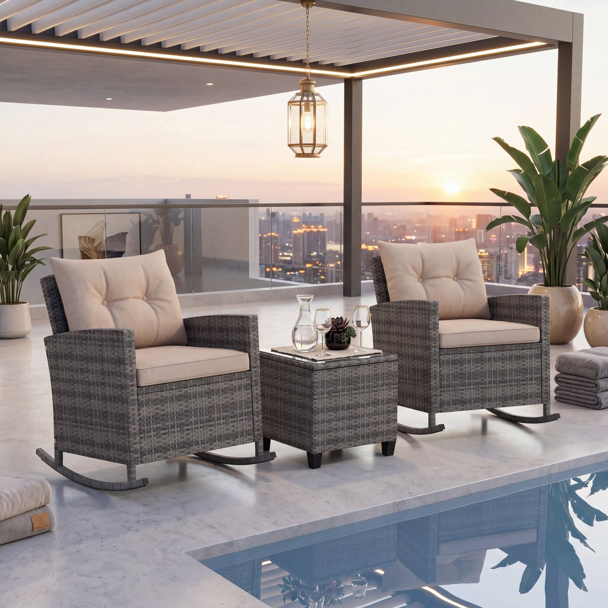 Alt View 1. Gymax - Gymax 3 PCS Patio Wicker Rocking Set w/ Tempered Glass Table & Soft Cushions Outdoor Mix Gray & Beige - Beige.