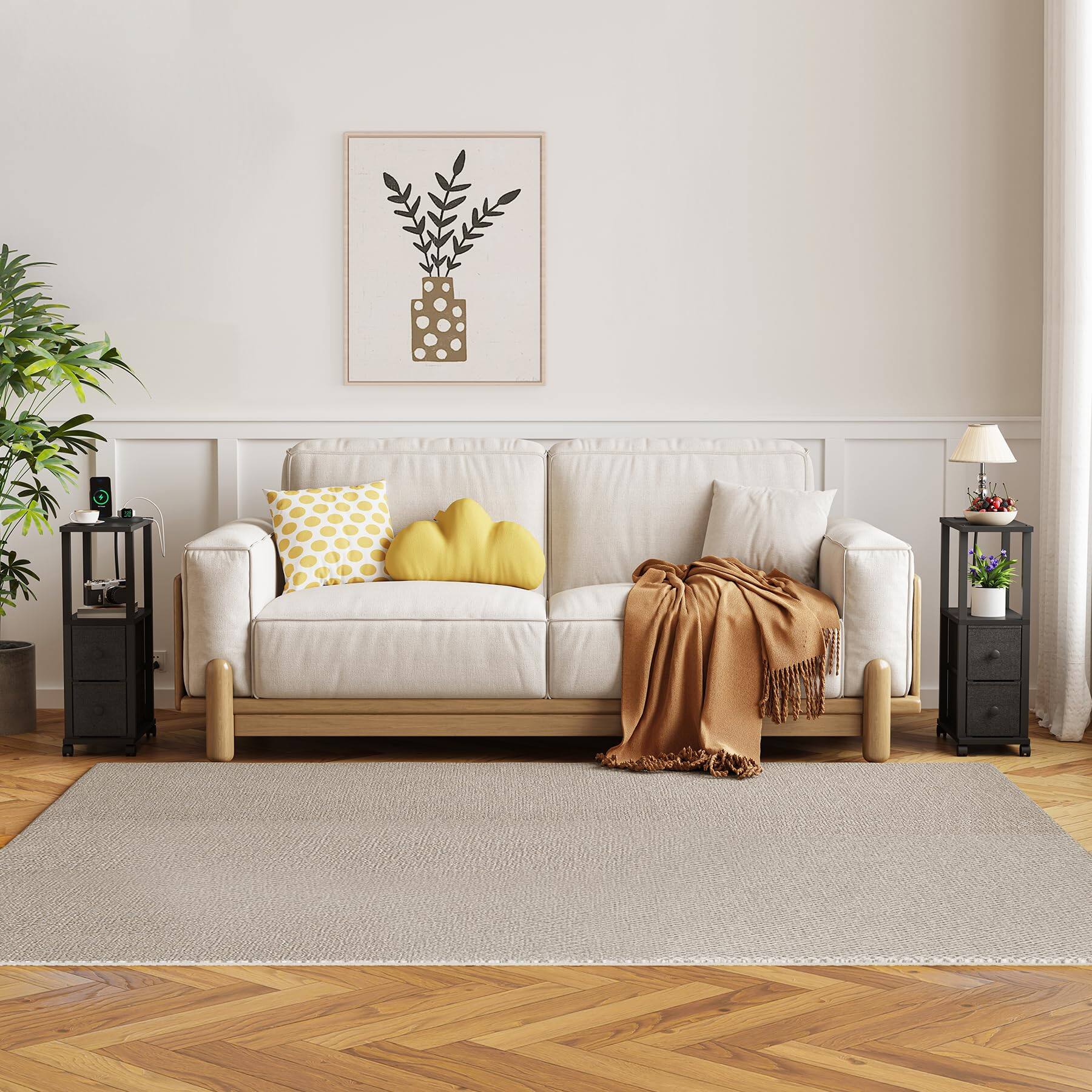 Left. PO3TICJUNKI3 - Narrow End Tables Side With 2 Fabric Drawers Set Of 2 Bedside Charging Station For Spaces Slim Nightstands ... - Brown.