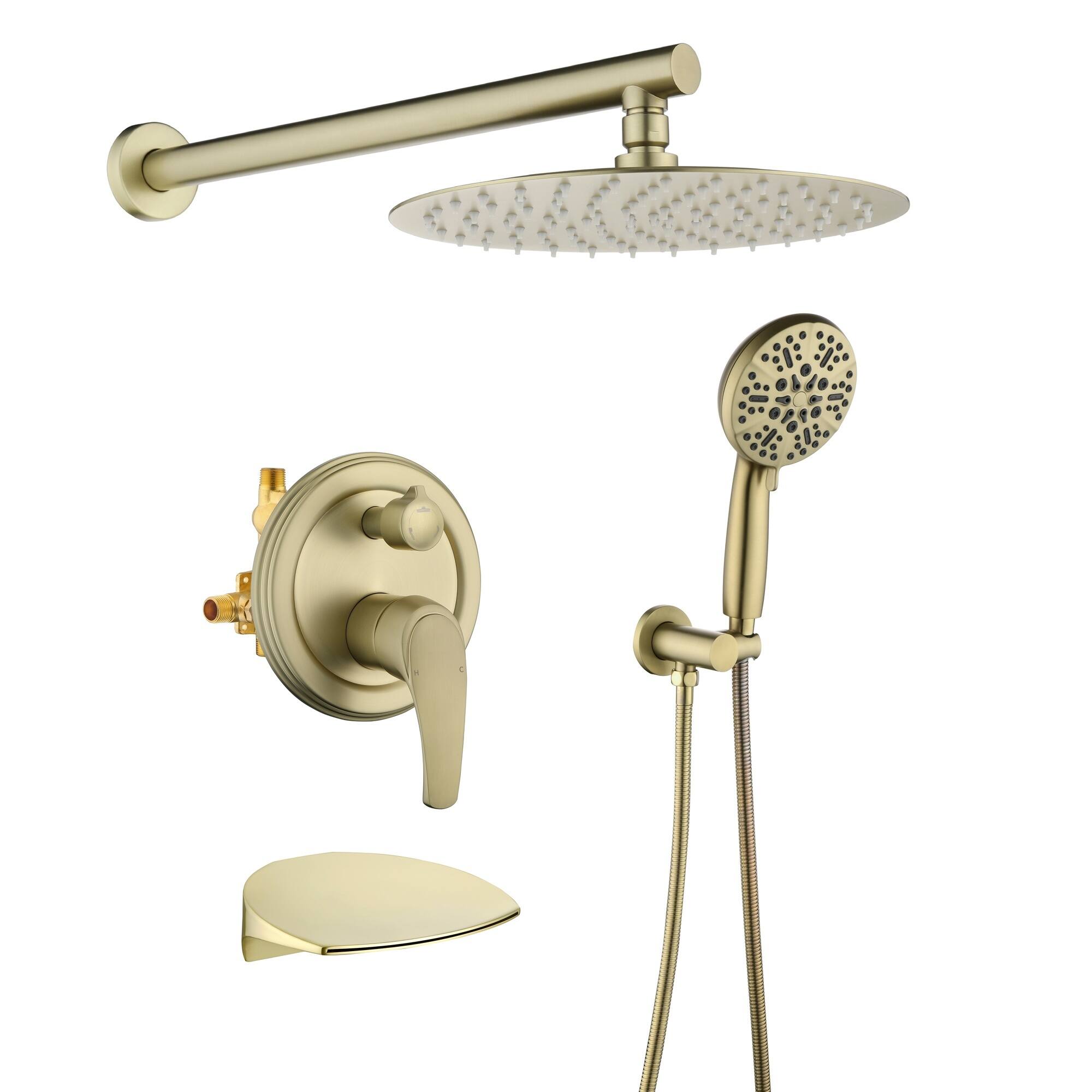 Front. Boyel Living - Brushed Gold 12-Inch Rain Shower System Brass SUS304 3-Function Valve 7-Function Handheld cUPC - Brushed Gold.