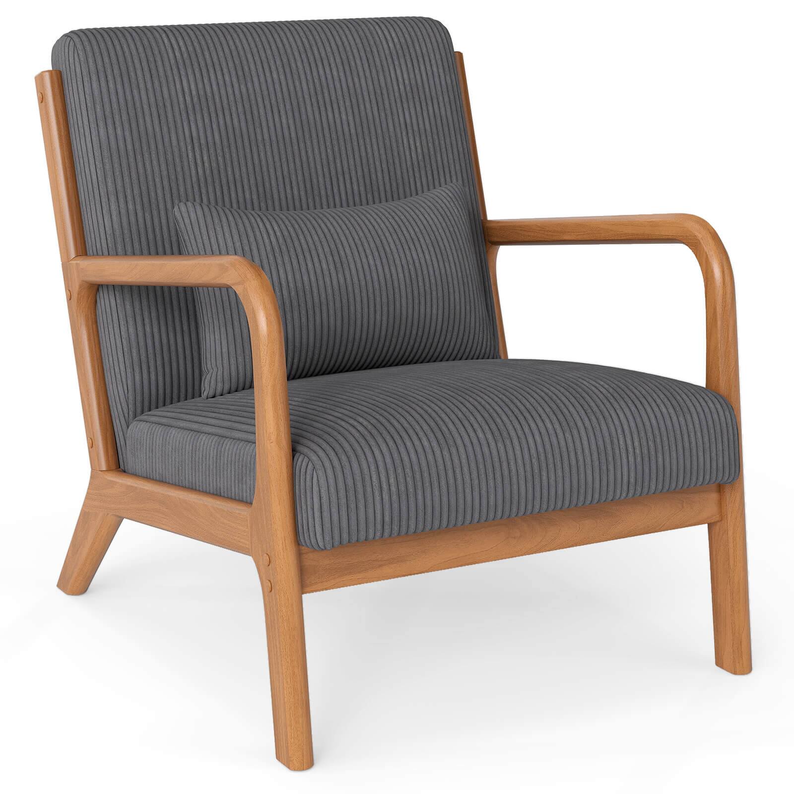 Costway - 1 PCS Modern Accent Chair, Corduroy Upholstered Lounge Chair with Rubber Wood Armrests - Beige + Brown