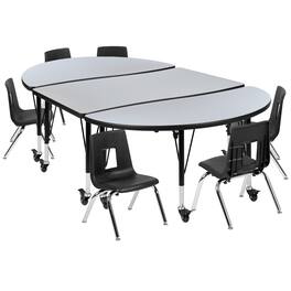 Flash Furniture - Emmy Mobile 76" Oval Wave Flexible Laminate Activity Table Set with 14" Student Stack Chairs, Grey/Black - Gray