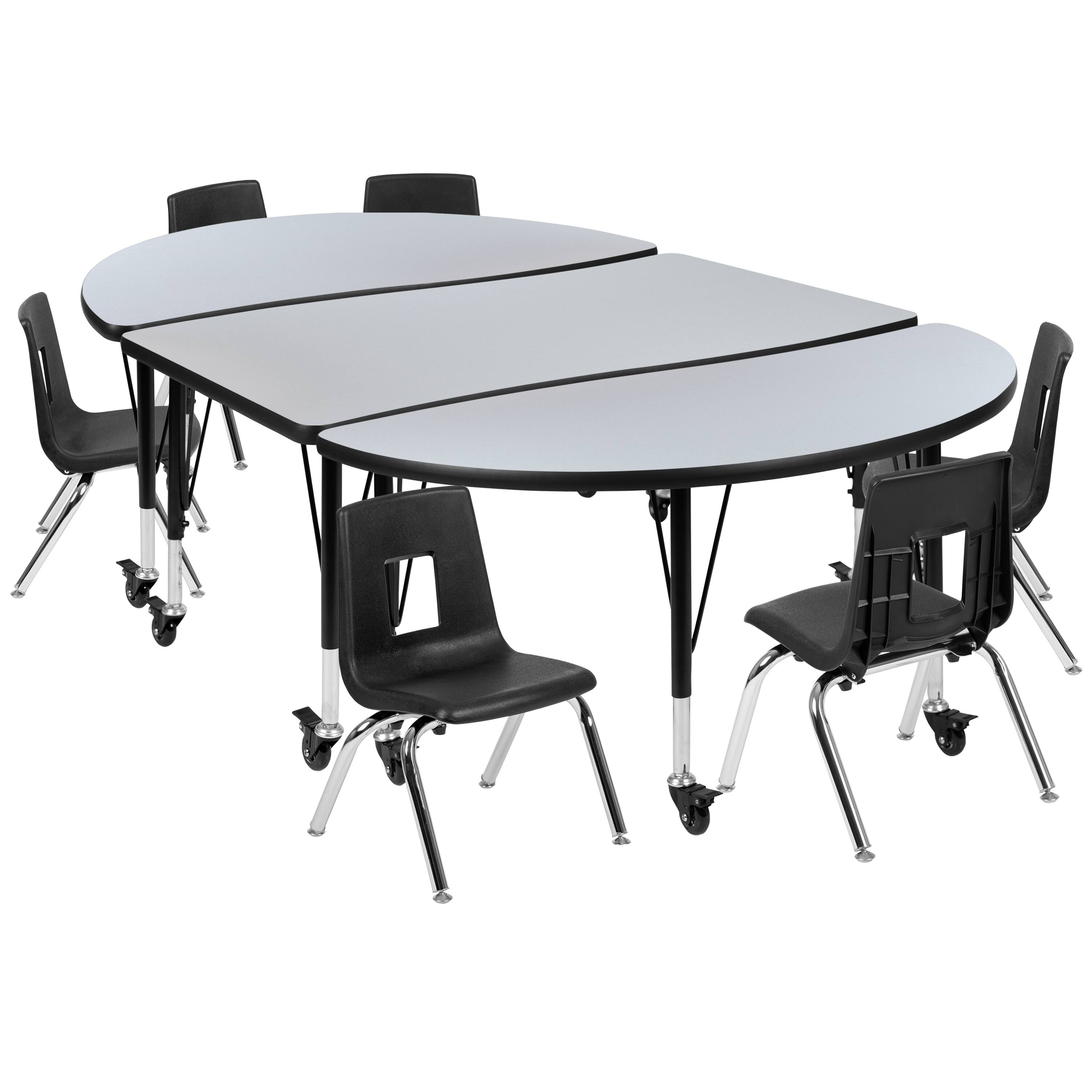 Alt View 1. Emma + Oliver - Mobile 76" Oval Wave Collaborative Laminate Activity Table Set with 14" Student Stack Chairs, Grey/Black - Grey.