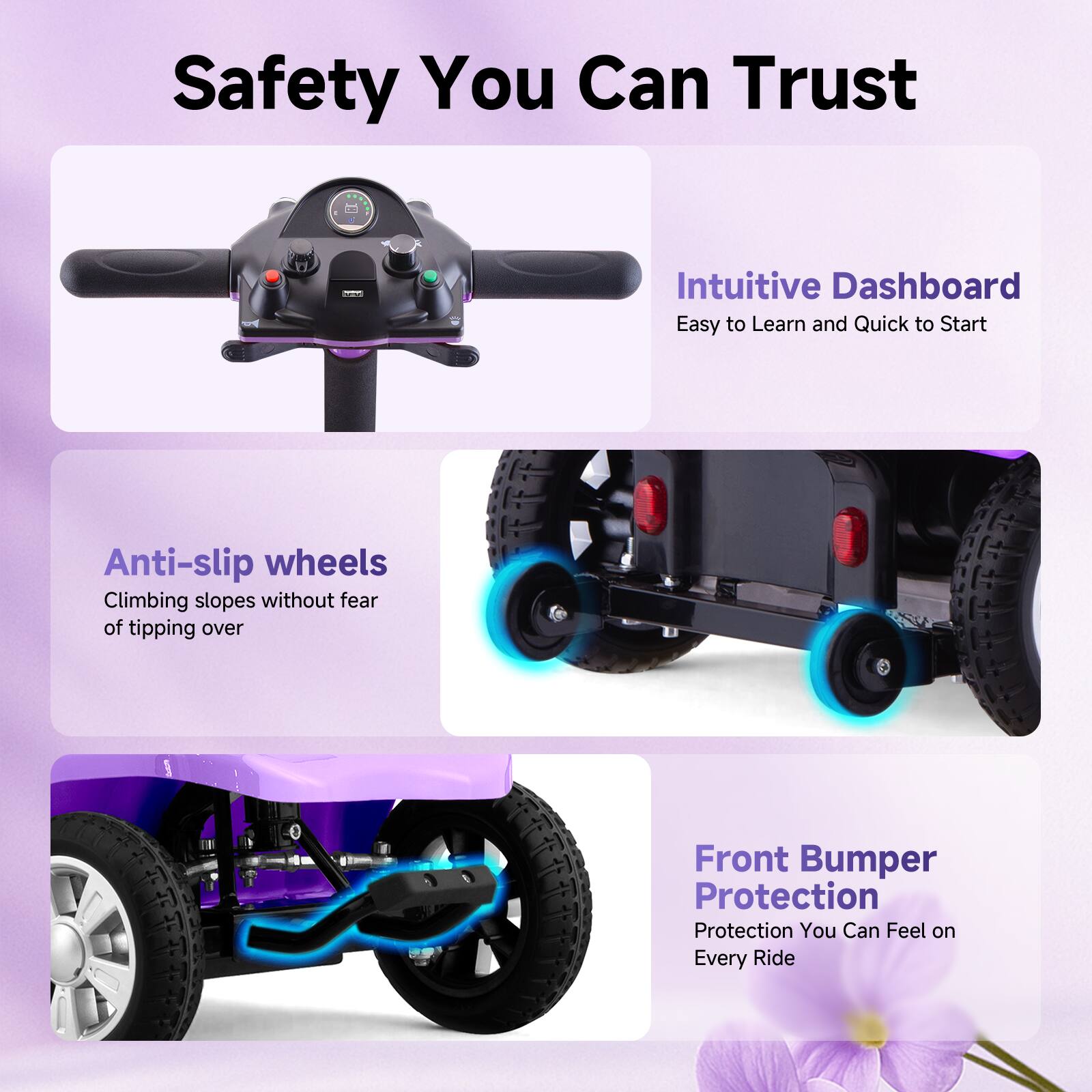 Safety You Can Trust

- Intuitive Dashboard
  - Easy to Learn and Quick to Start

- Anti-slip wheels
  - Climbing slopes without fear of tipping over

- Front Bumper Protection
  - Protection You Can Feel on Every Ride