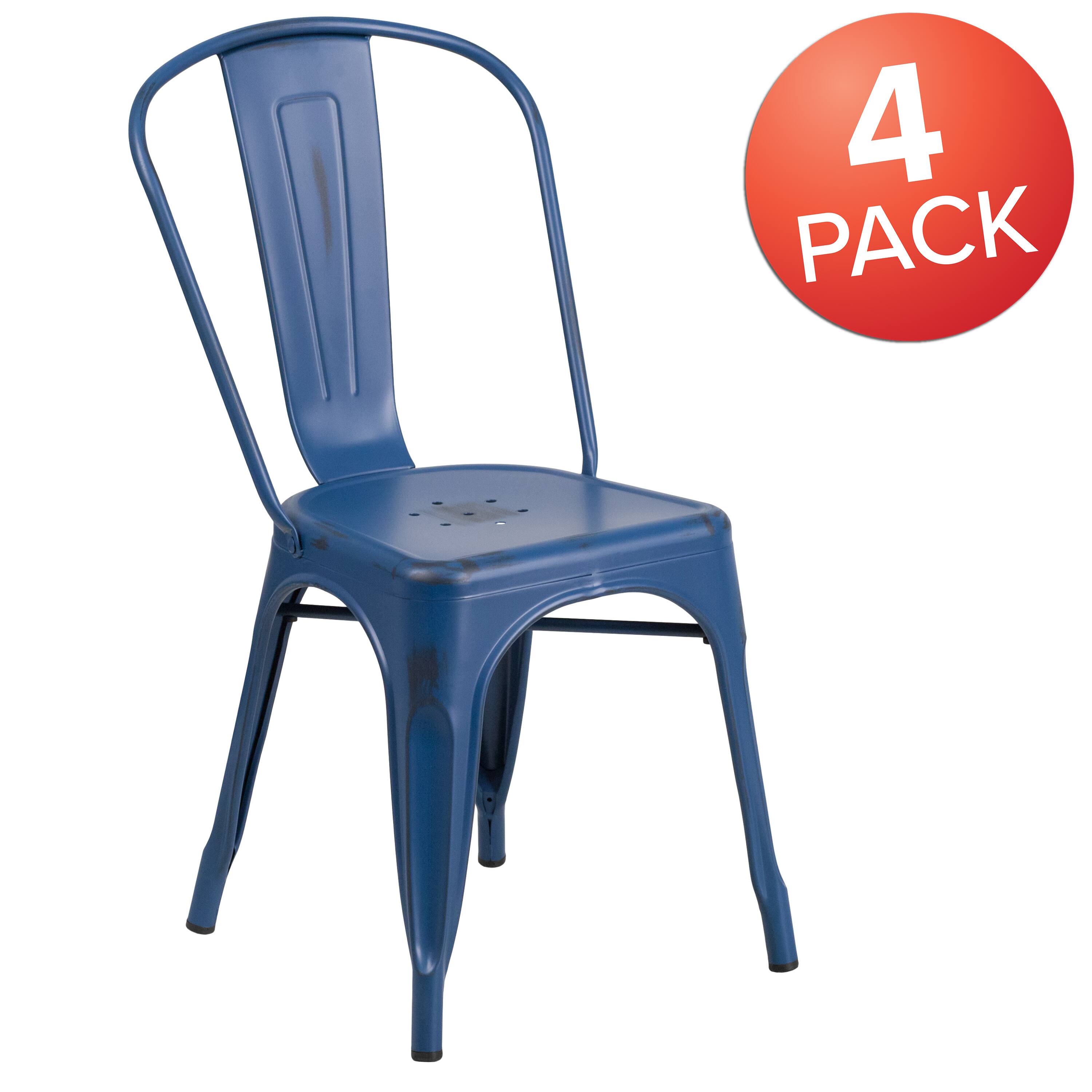 Alt View 1. Emma + Oliver - Commercial Grade 4 Pack Distressed Metal Indoor-Outdoor Stackable Chair - Antique Blue.