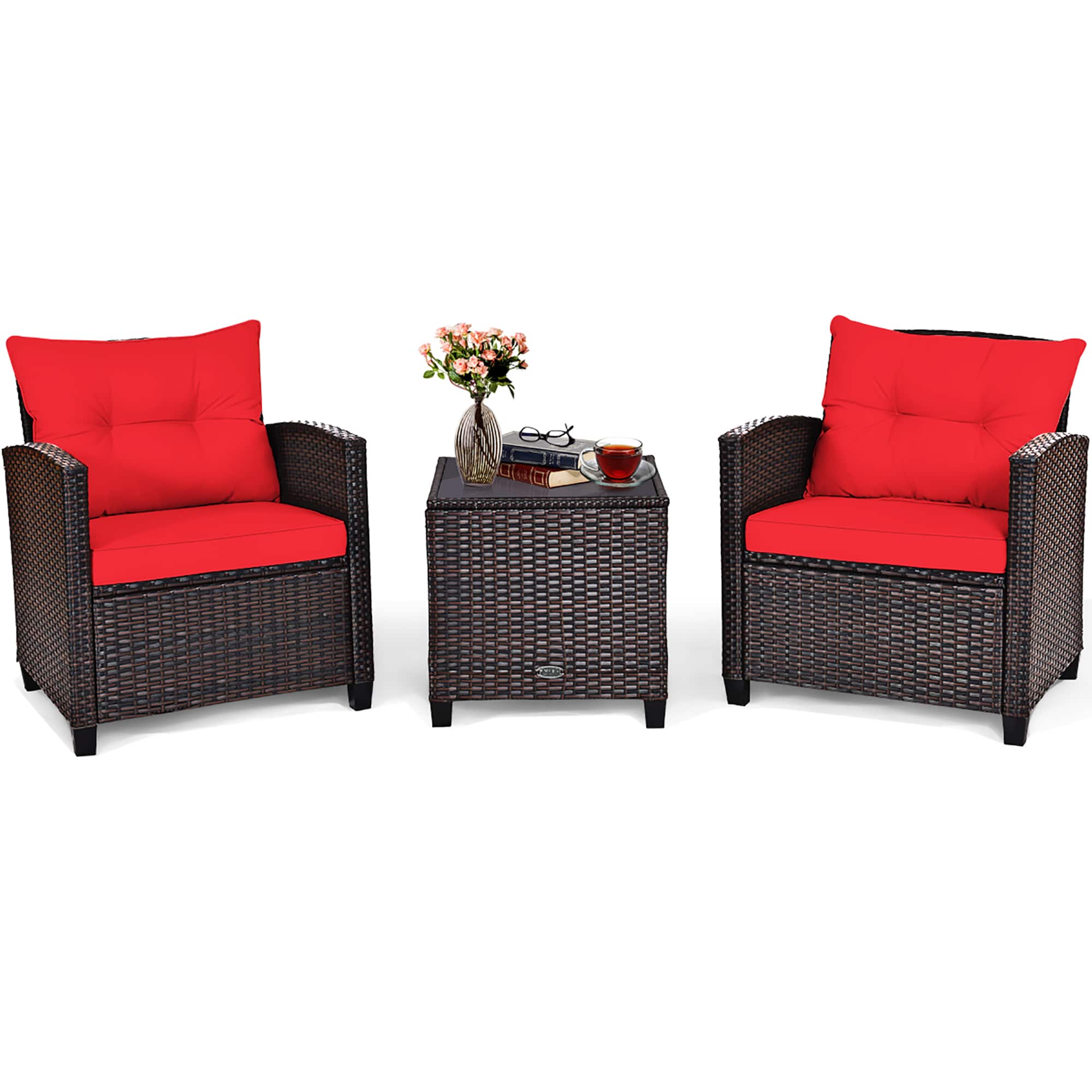 Front. Costway - 3PCS Patio Rattan Furniture Set Cushion Conversation Set Sofa Coffee Table - Red.