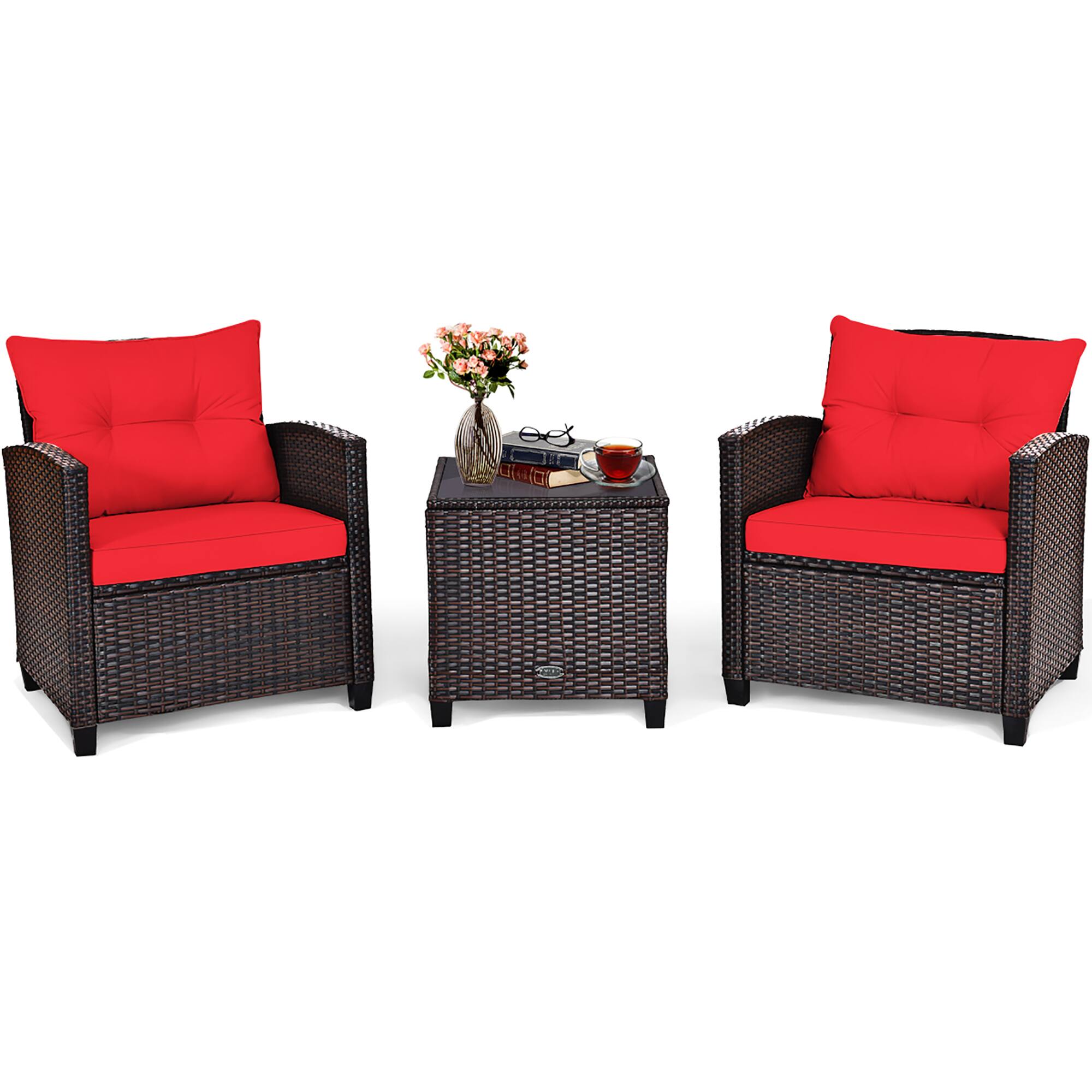 Front. Costway - 3PCS Patio Rattan Furniture Set Cushion Conversation Set Sofa Coffee Table - Red.