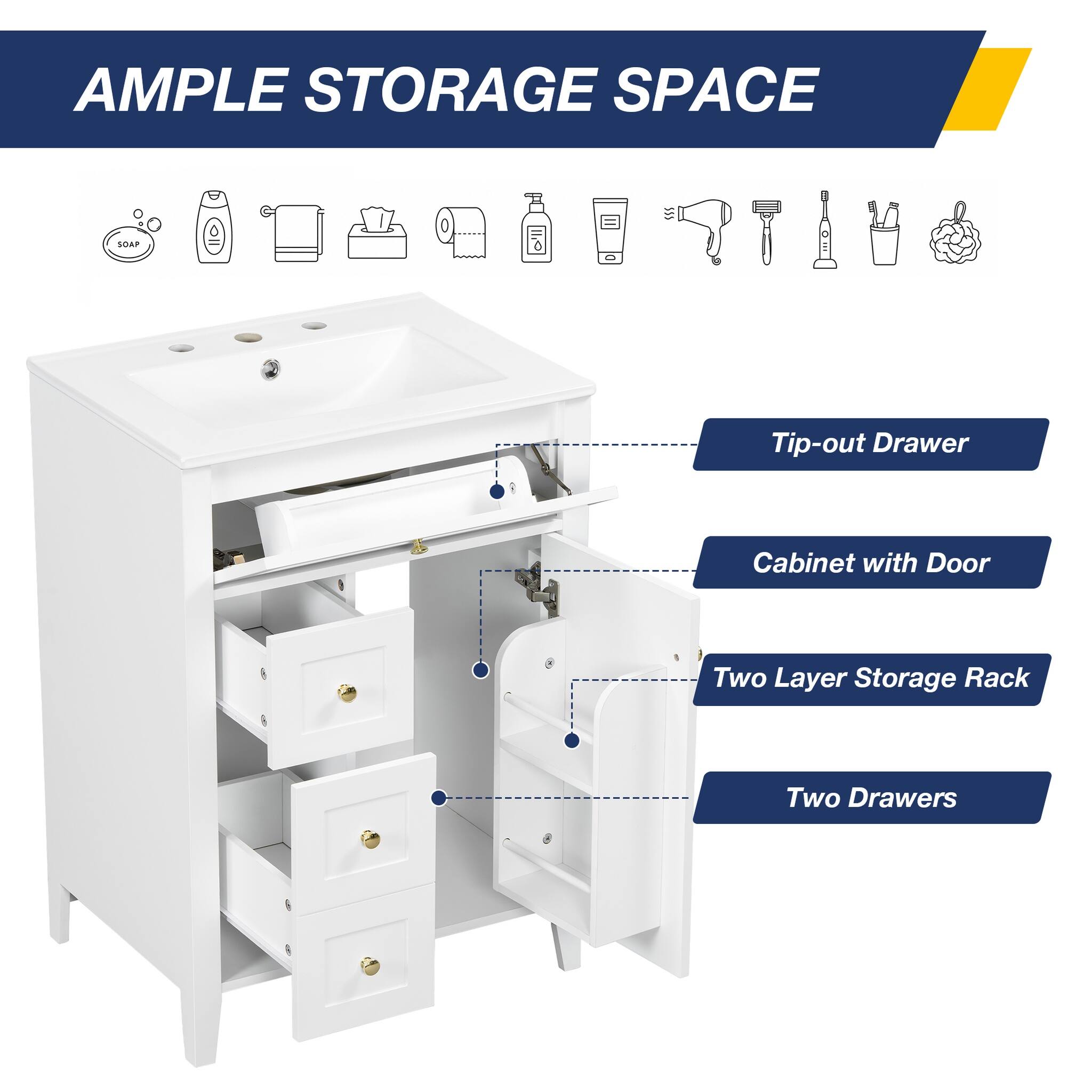 AMPLE STORAGE SPACE

- Tip-out Drawer
- Cabinet with Door
- Two Layer Storage Rack
- Two Drawers