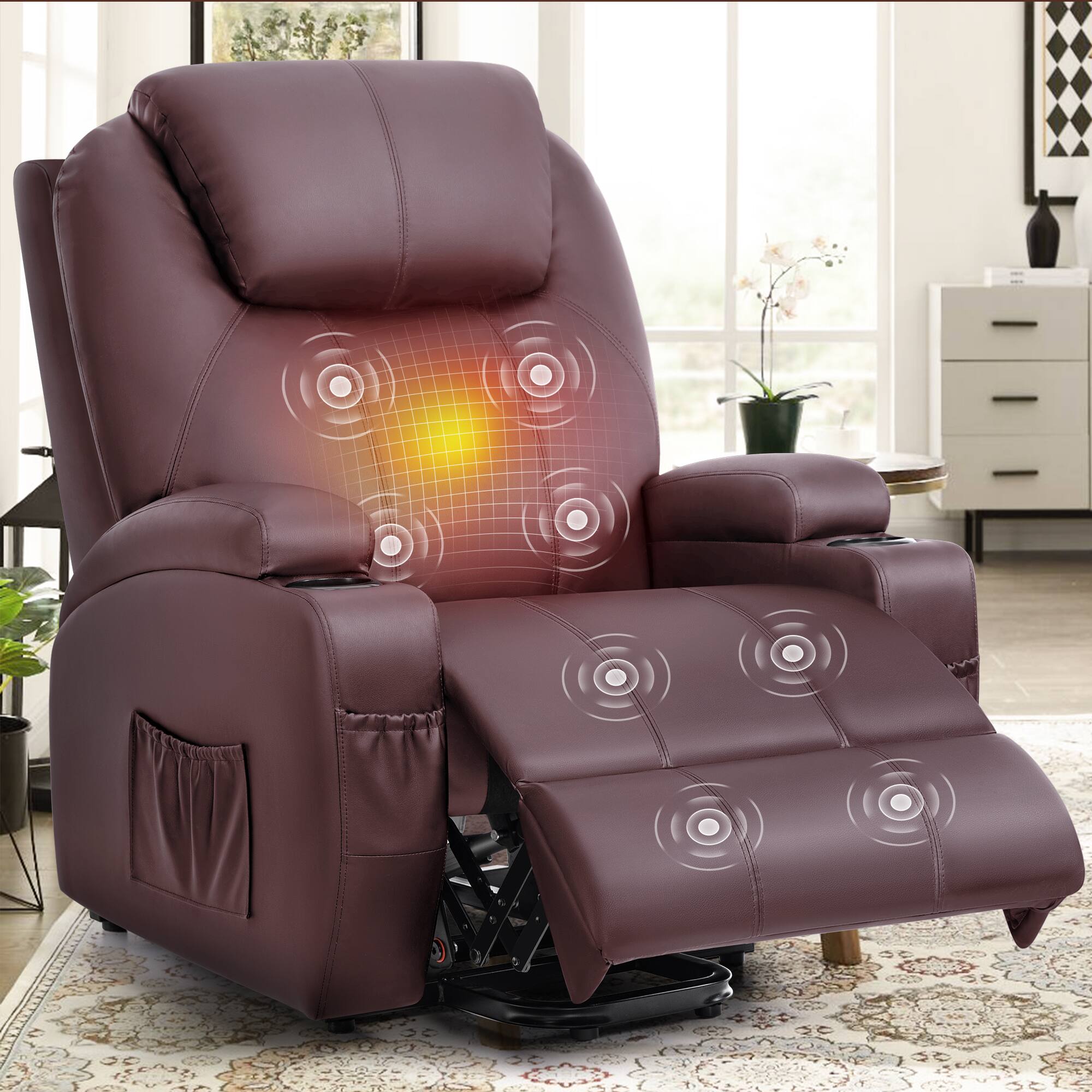 Alt View 6. KERDOM - Massage Recliner with Heat, Power Lift, Cup Holder, Electric Single Reclining Sofa Chair Theater Seat with Massage - Brown.