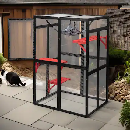 Front. Pefilos - 64" Cat House Outdoor Catio Cat Enclosures Wooden Kitty House with Platforms, Waterproof Roof, Hammock.
