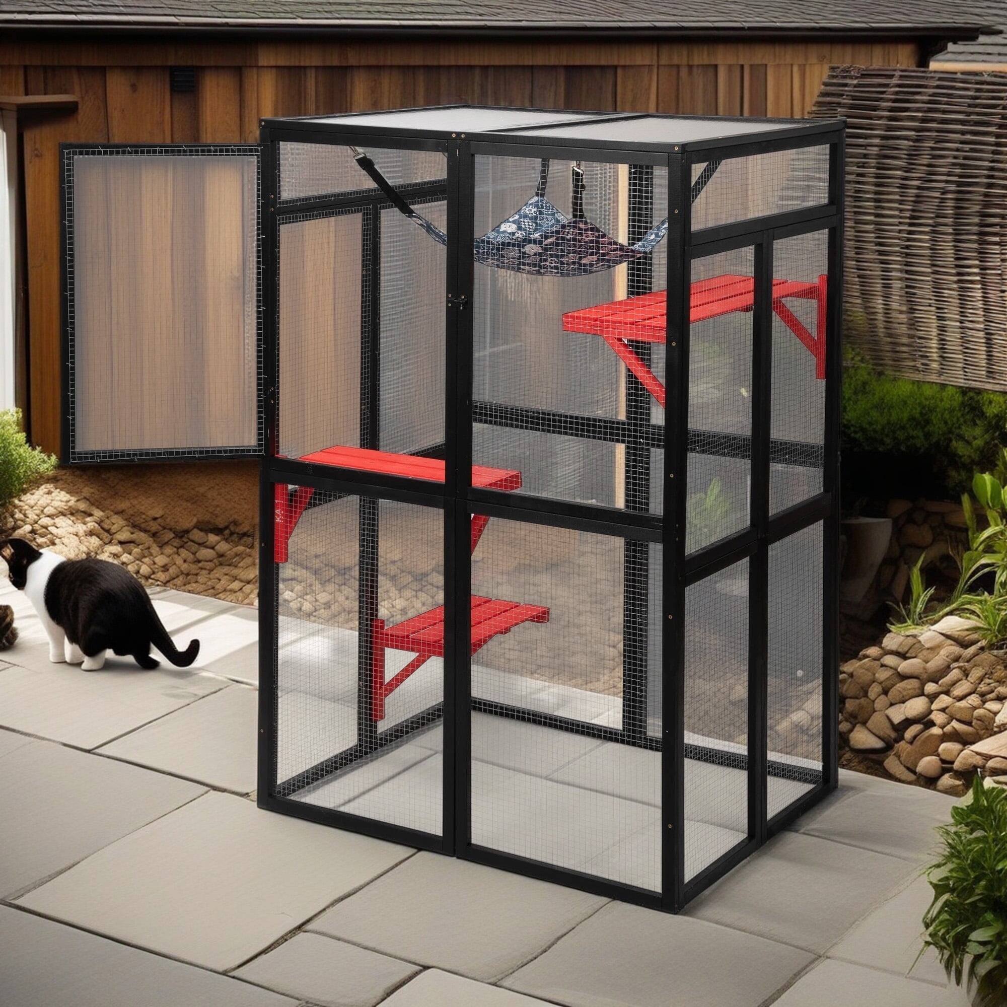 Front. Pefilos - 64" Cat House Outdoor Catio Cat Enclosures Wooden Kitty House with Platforms, Waterproof Roof, Hammock.