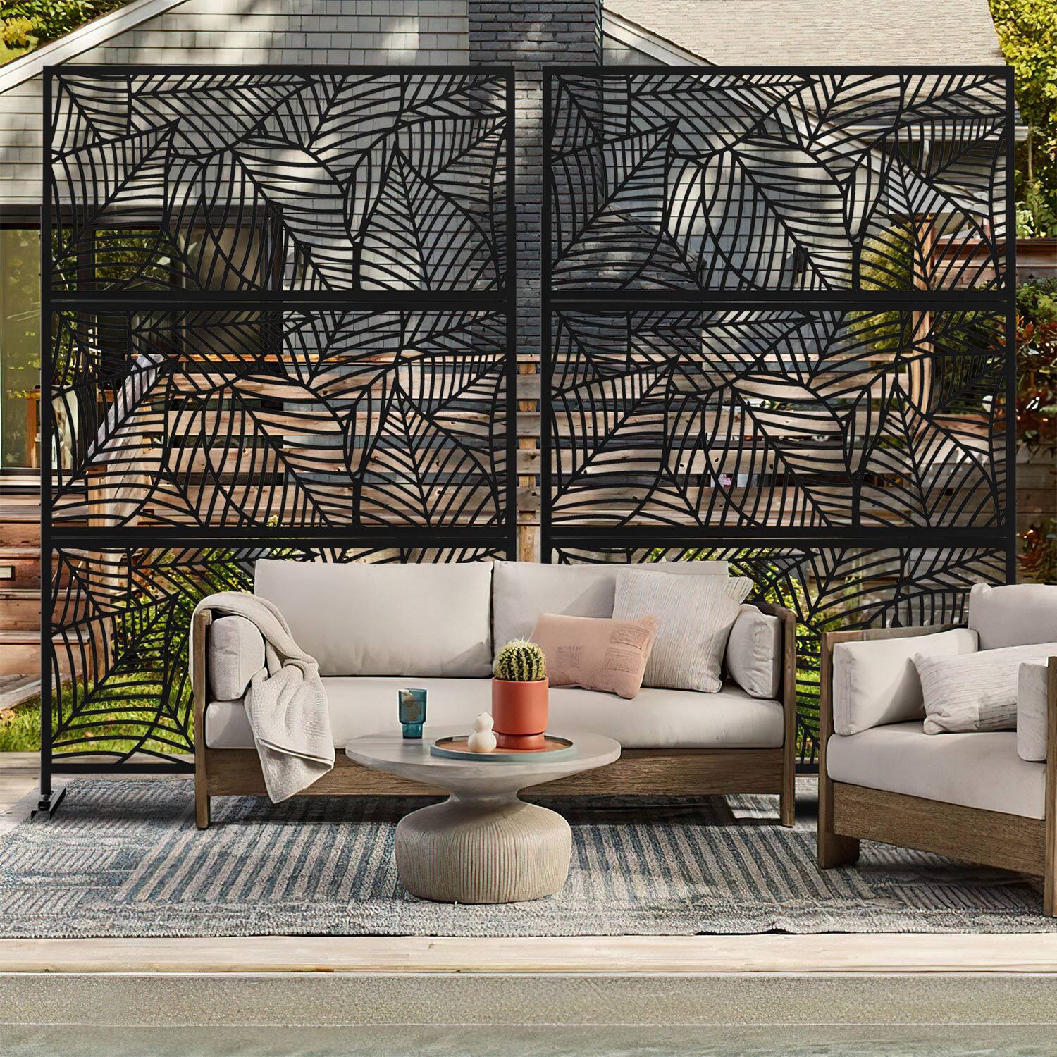 Alt View 3. PexFix - 72 in. x 47 in. Leaf Pattern Metal Outdoor Privacy Screen & Panels, Freestanding Garden Divider Fence - Black.