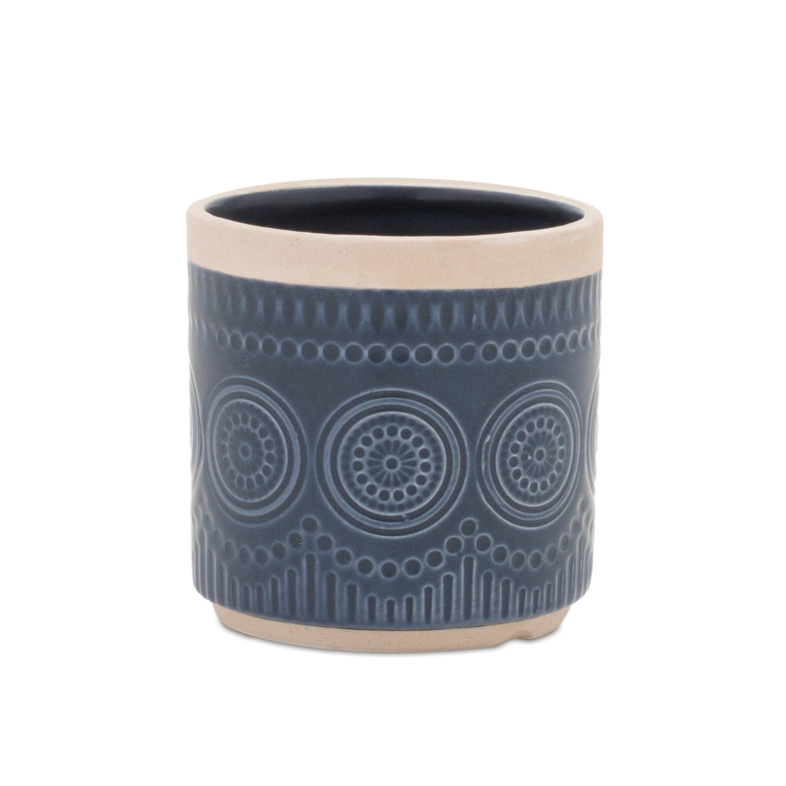 Left. BreeBe - Ceramic Mandala Pattern Planter (Set of 2) - Blue, Beige.