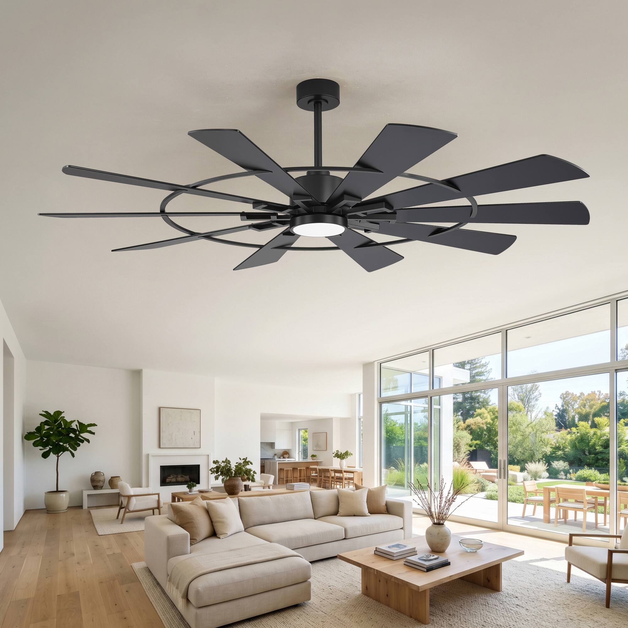Alt View 7. Breezary - 62-In LED Ceiling Fan with Light, 10 Plywood Blades, 6-Speed DC Motor, Remote, 3CCT, 6"/12" Downrods - 62-inch Black.