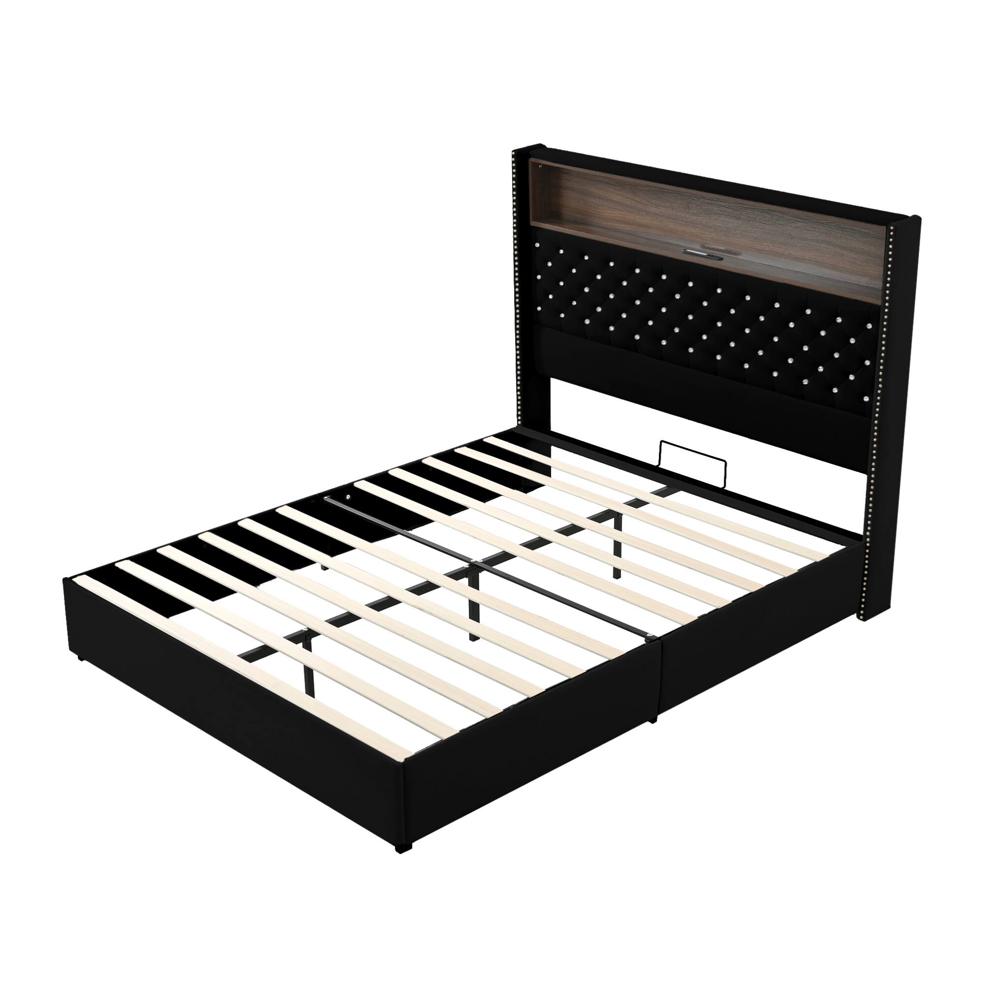 Alt View 7. GOODSILO - Luxurious Queen Size Velvet Tufted Bed Frame with USB Port and Night Light, High Headboard Platform Bed - Black.