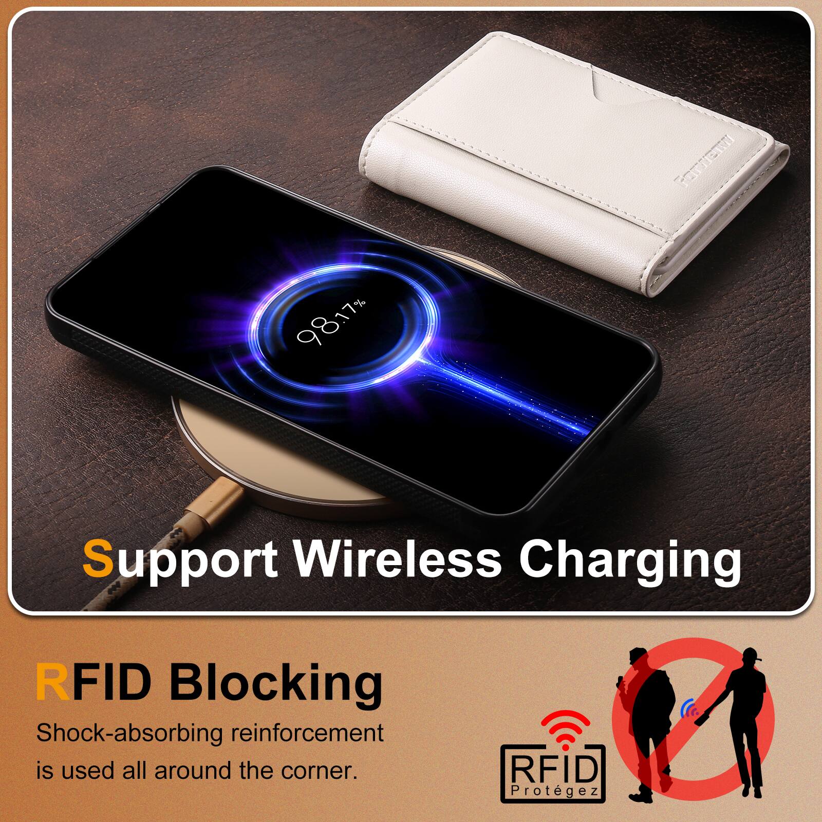 Support Wireless Charging

RFID Blocking
Shock-absorbing reinforcement is used all around the corner.

RFID Protégez