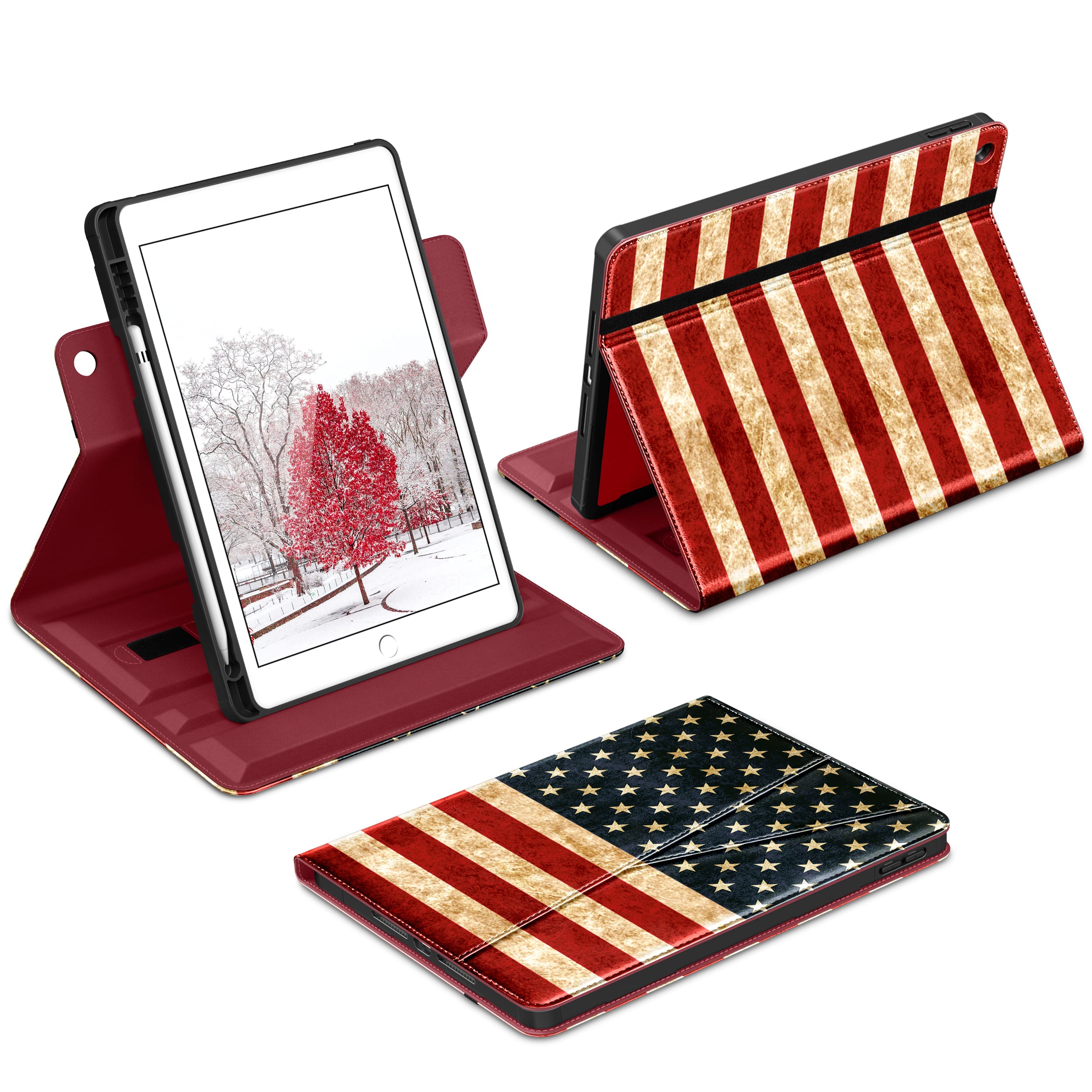DTTO - Case for iPad 9th / 8th / 7th Generation 10.2-Inch – 360° Rotating Premium Leather Folio Stand Cover with Pencil Holder - US Flag