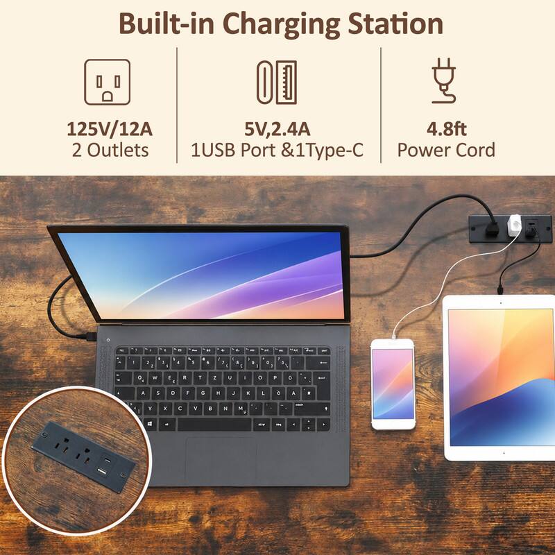 Built-in Charging Station  
125V/12A  
5V, 2.4A  
4.8ft  
2 Outlets  
1 USB Port & 1 Type-C  
Power Cord