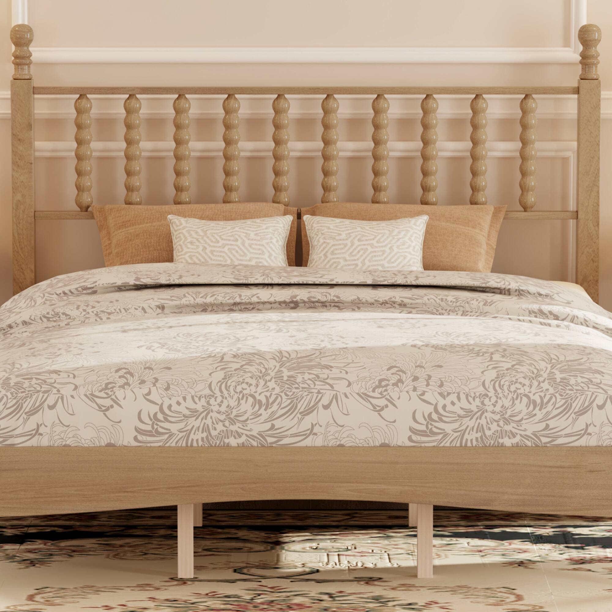 Alt View 10. GOODSILO - Queen Size Retro Wood Platform Bed with Gourd Shaped Headboard and Wooden Slat Support - Natural.