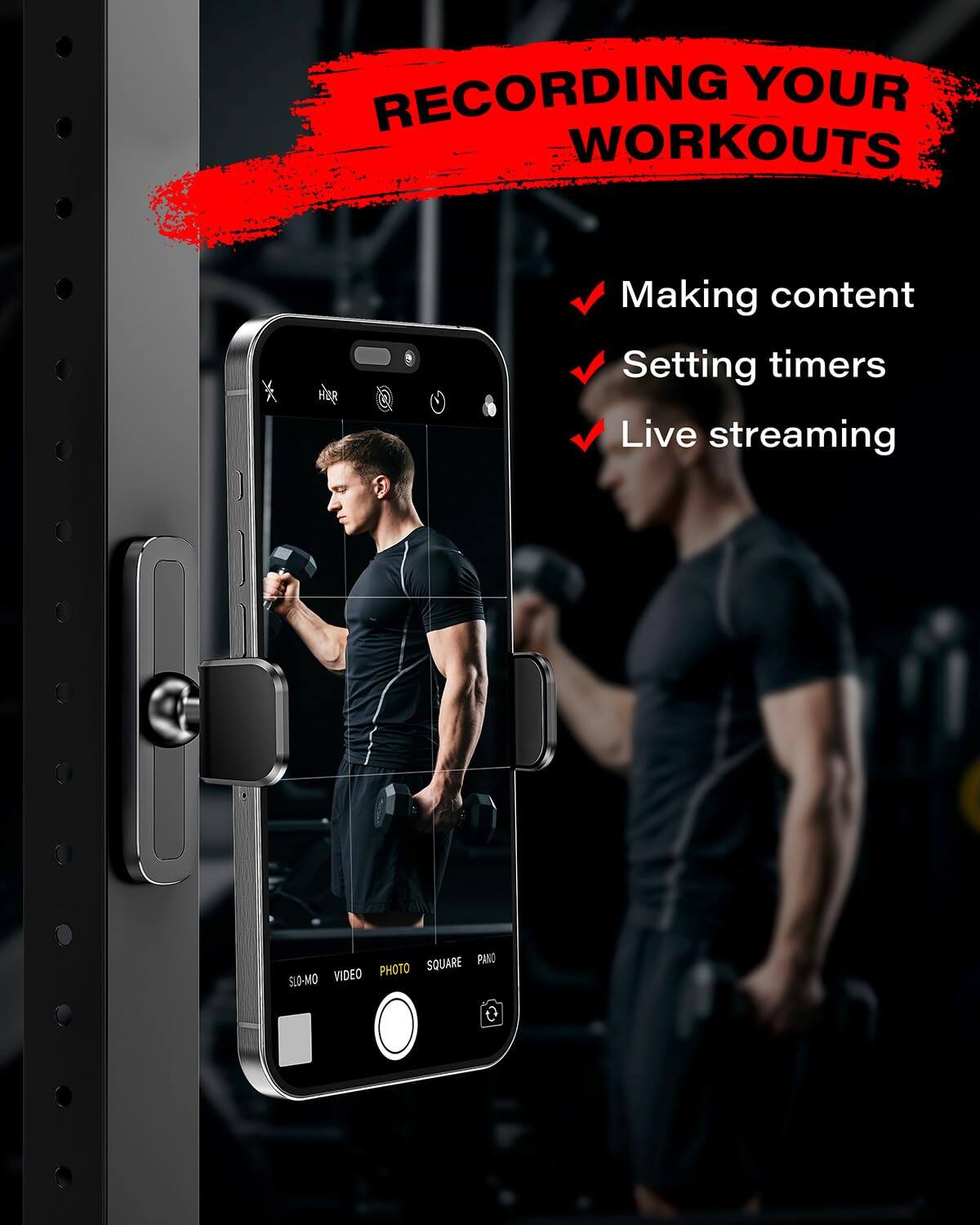 RECORDING YOUR WORKOUTS

- Making content
- Setting timers
- Live streaming

SLO-MO VIDEO PHOTO SQUARE PANO
