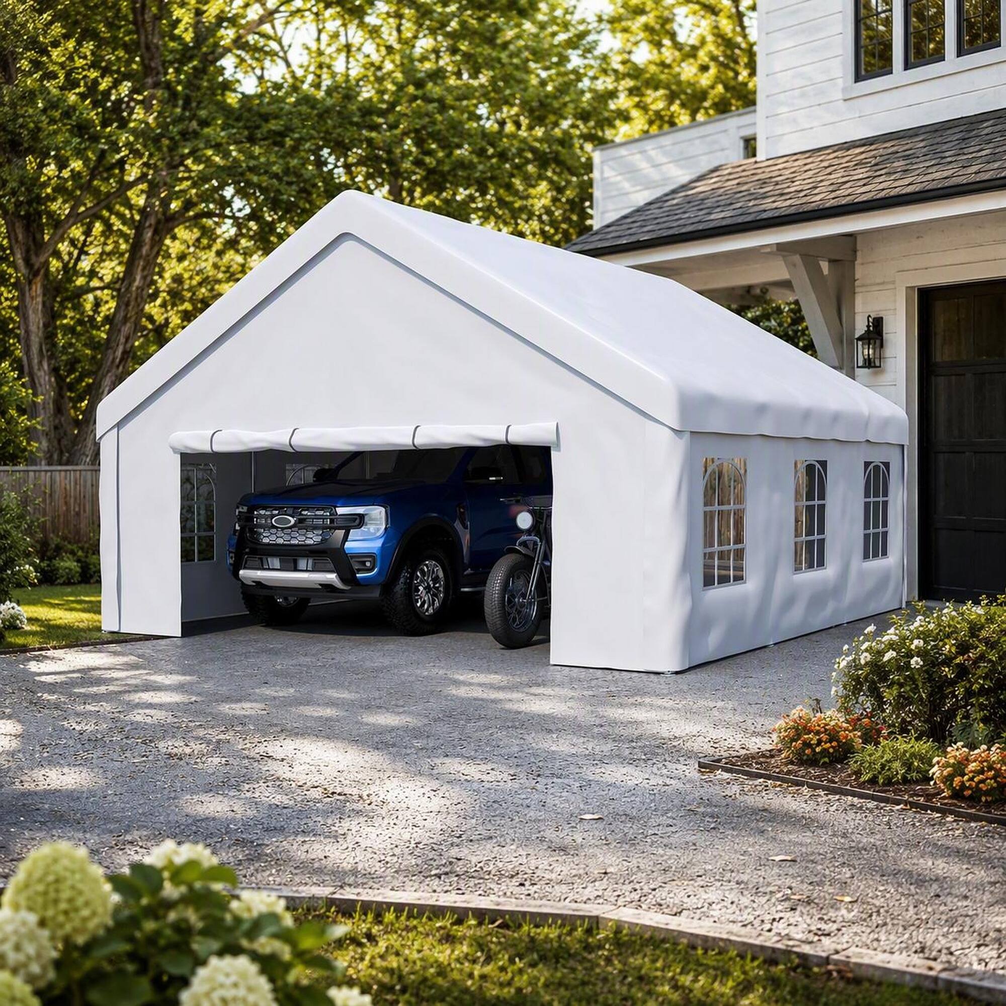 Angle. RYHNUYNE - 20x20 ft Canopy Tent Removable Walls Carport Waterproof UV Cover Fold Storage Parties - White.