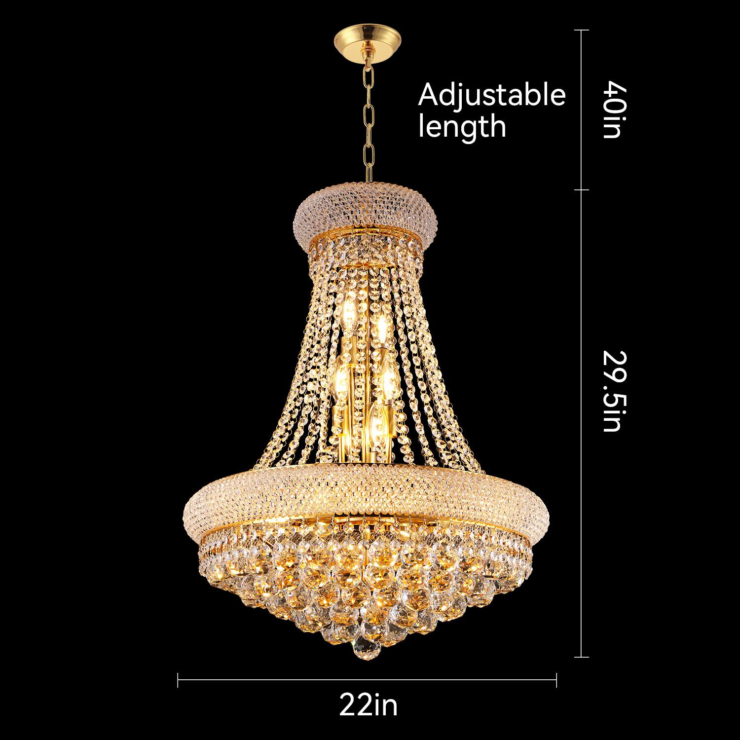 Adjustable length: 40in  
Diameter: 29.5in  
Width: 22in