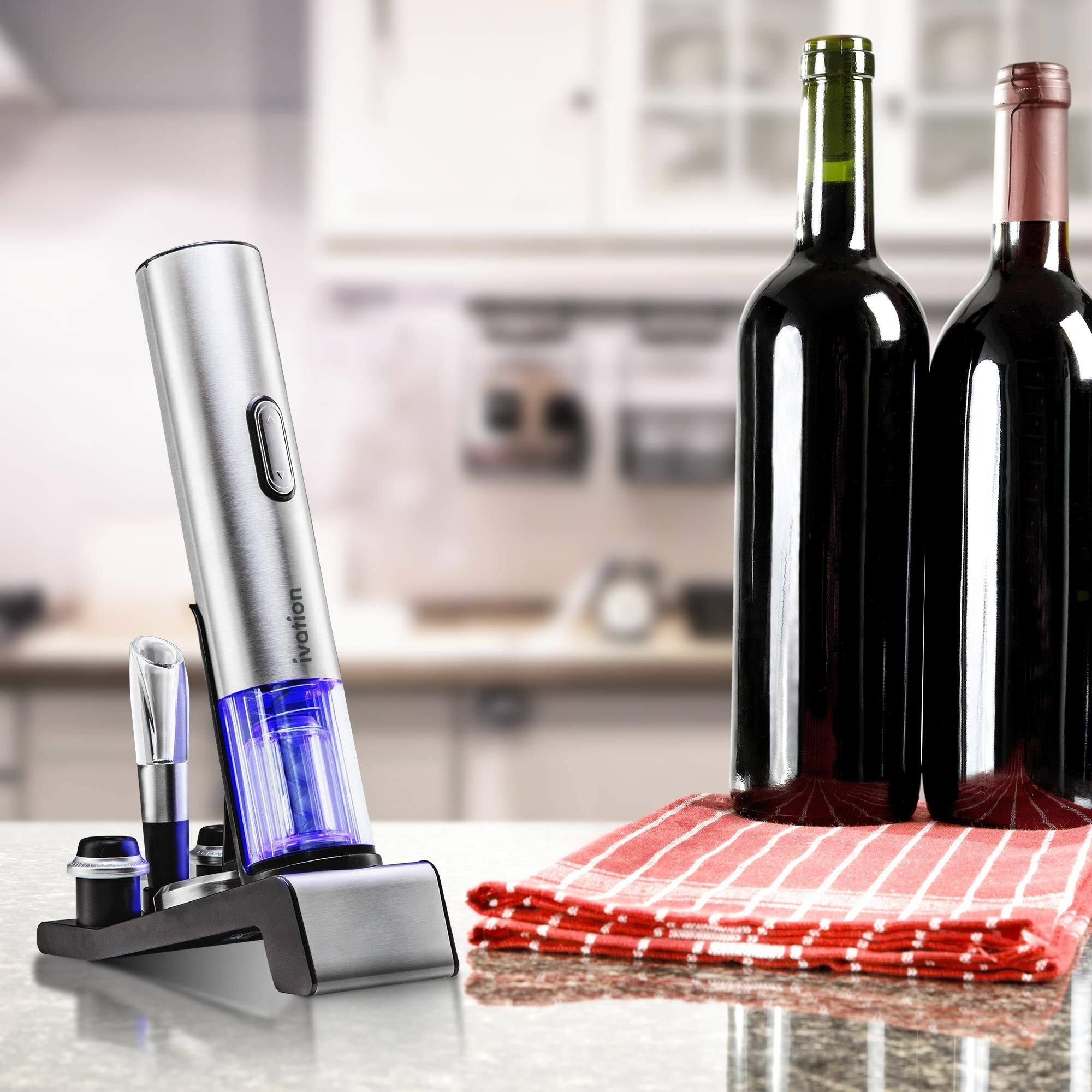 Alt View 4. Ivation - 6-in-1 Wine Gift Set W/Bottle Opener, Wine Preserver, Stoppers, Foil Cutter & Charging Base - Silver.