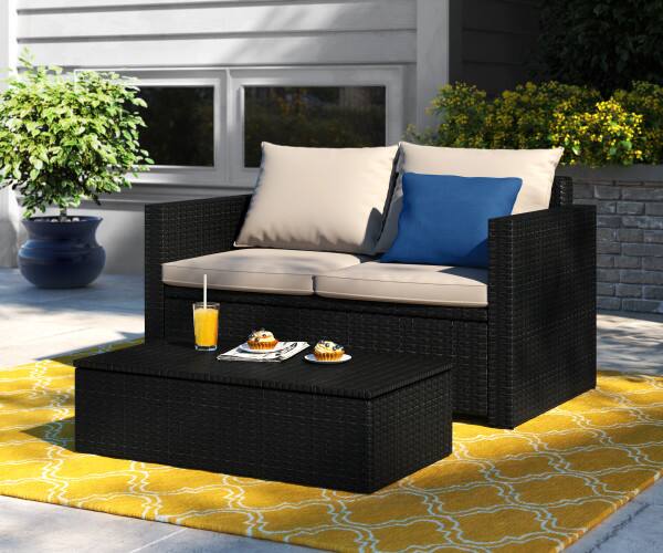 Angle. Serta - Serta Laguna Outdoor Storage Sofa & Coffee Table, Black Wicker - Beige.