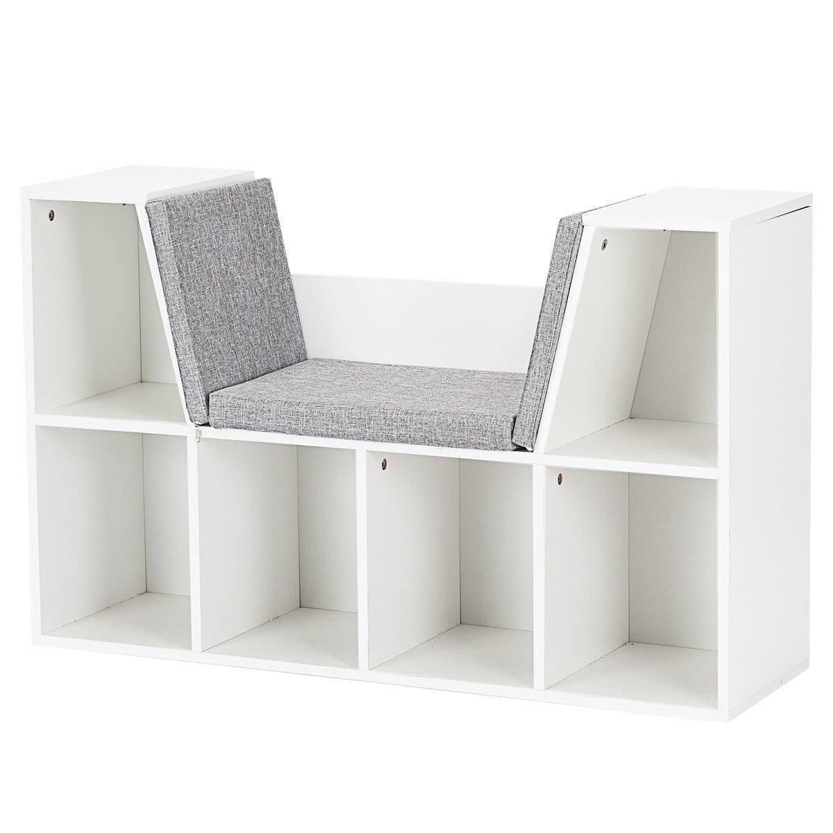 Costway - 6 Cubby Kid Storage Cabinet Bookcase Multi-Purpose Shelf Cushioned Reading Nook - White