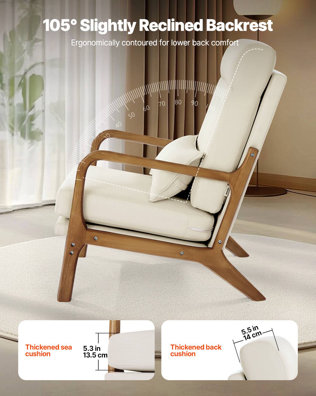 105° Slightly Reclined Backrest  
Ergonomically contoured for lower back comfort  

Thickened sea cushion  
5.3 in / 13.5 cm  

Thickened back cushion  
5.5 in / 14 cm