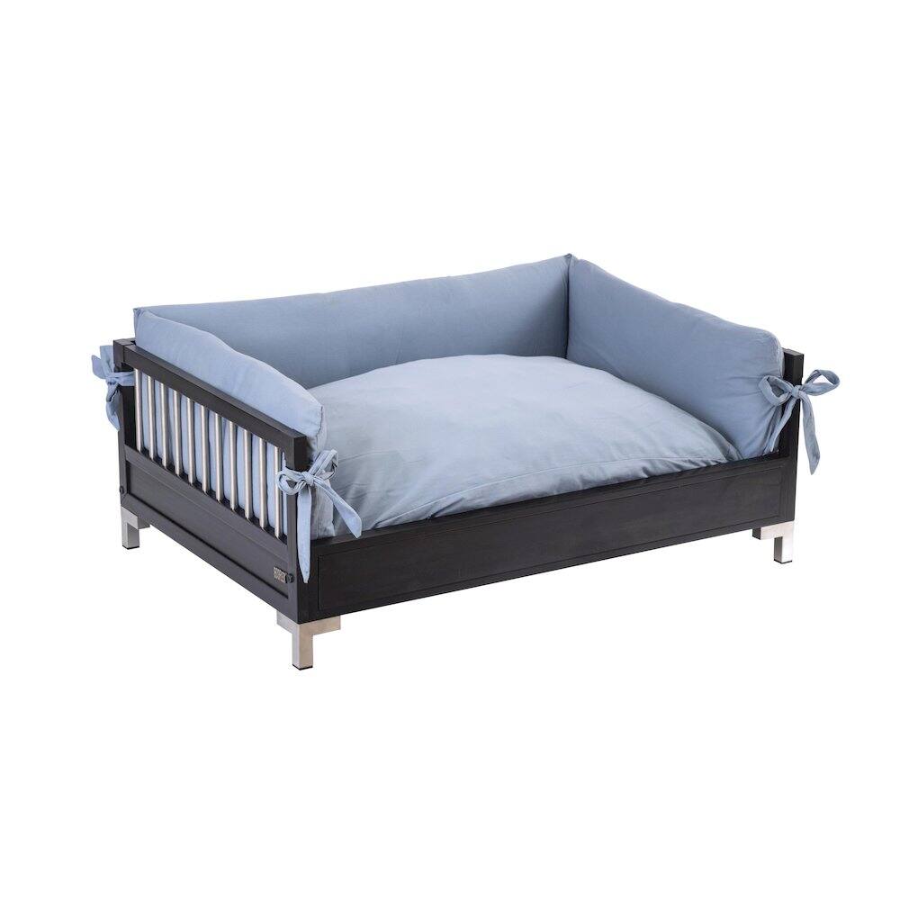 Angle. New Age Pet - ECOFLEX Manhattan Raised Dog Bed with Cushion Large - Espresso.